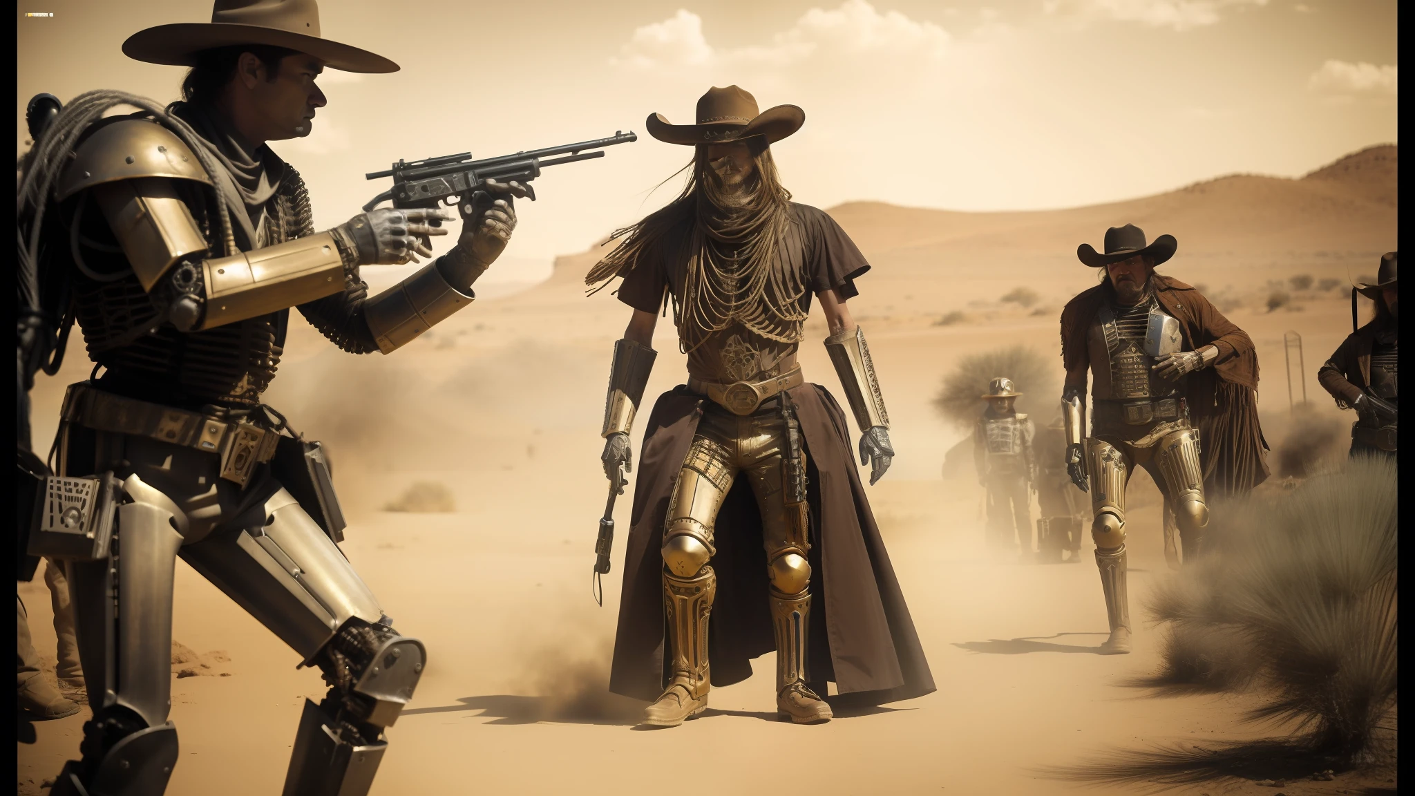 cowboys in a desert with guns and a skeleton, the golden humanoid robot, cinematic style photograph, hardcore techno, by Matteo Pérez, by Robert Noble, neil young design, costumes, salvia droid, intricate armour costumes, noir animation, megadeth, western