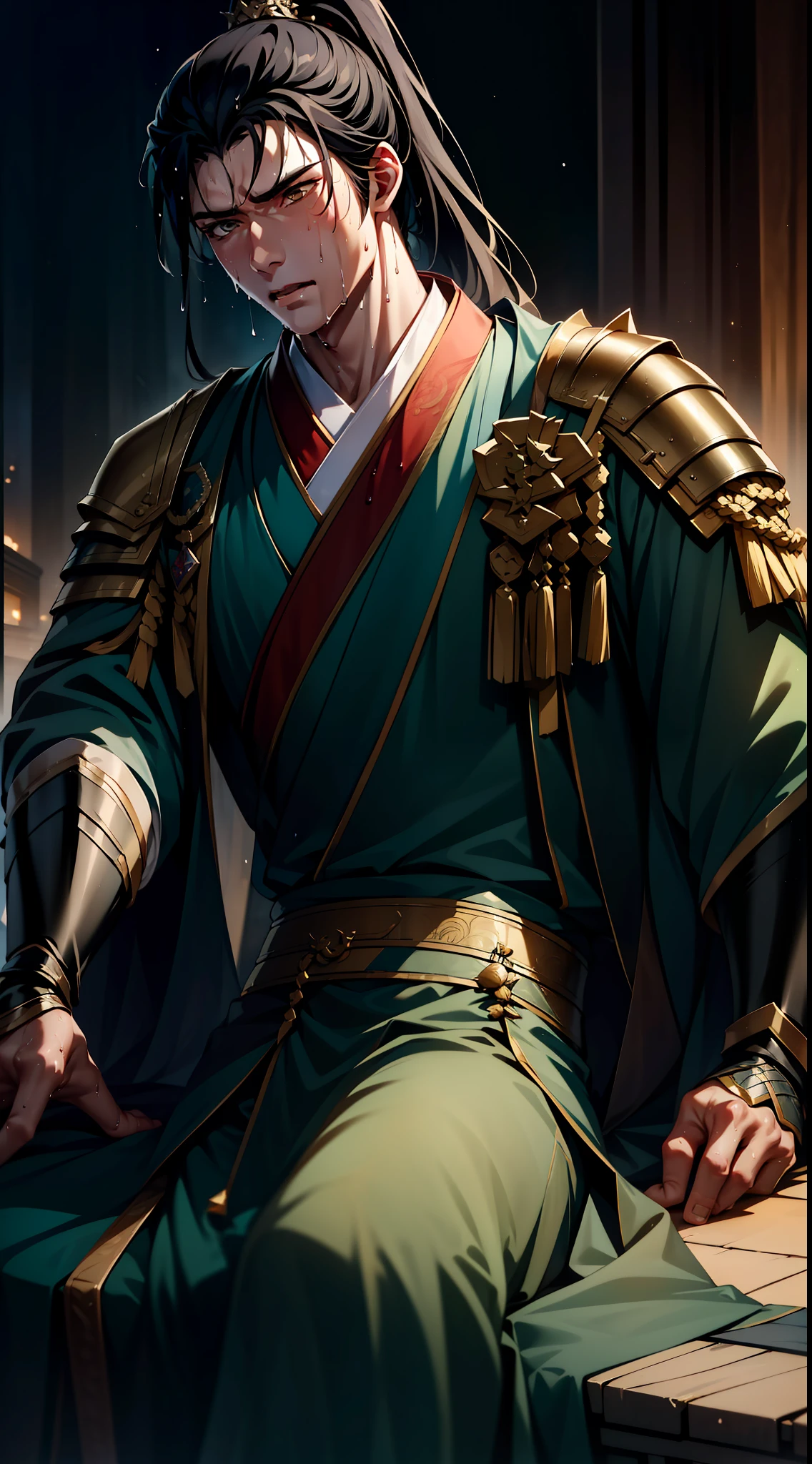 Two-dimensional, anime style, man (male warrior), muscle, correct proportions, face details, martial arts, high ponytail hairstyle, sweating, sweaty face, drooling, neck details, with Adam's apple, wet, wet, Hanfu costume, long robe, embroidered robe, dragon robe, clothing details, collar, long sleeves, game quality, swordsman demeanor, light and shadow tracing, ray tracing, detail glow, CG rendering, hair details, long black hair, golden eyes, sweaty face, handsome, handsome, sweat beads slipping down the neck, (juvenile feeling), complex clothing, wet, wet, perfect composition, refinement, high quality, more details, a lot of details, complex background, atmosphere,