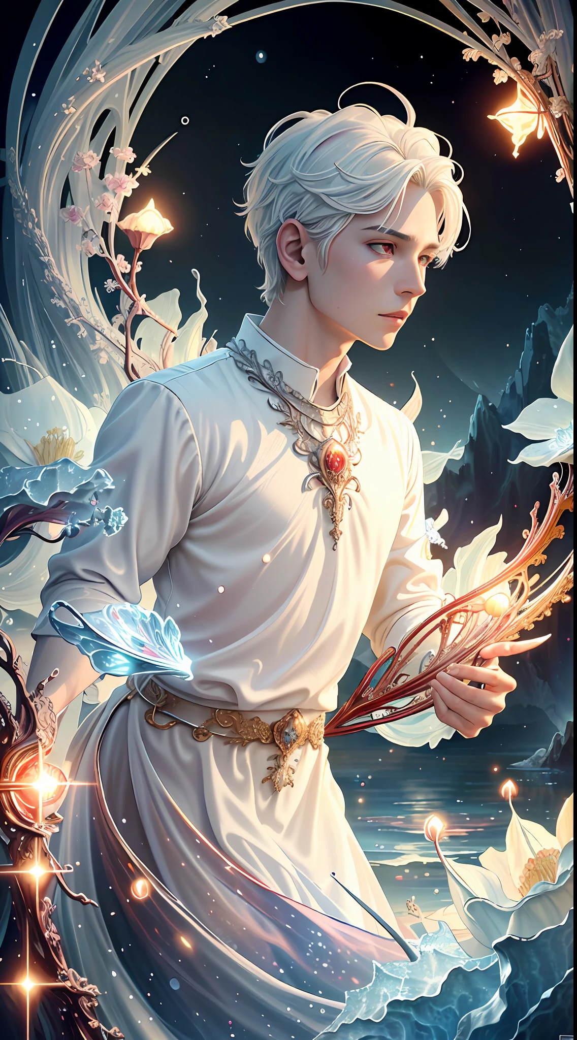 Realistic, (Masterpiece, Top Quality, Best Quality, Official Art, Beauty and Aesthetics: 1.2), Very Detailed, Fractal Art, Colorful, Most Detailed, Zentangle, (Abstract Background: 1.5) (1boy: 1.3), God, White Hair, Short Hair, (Glowing Red Eyes), Mysterious, (Magic), Ice, Handsome Man, ((Other Shore Flower)), Yellow Spring, Hell