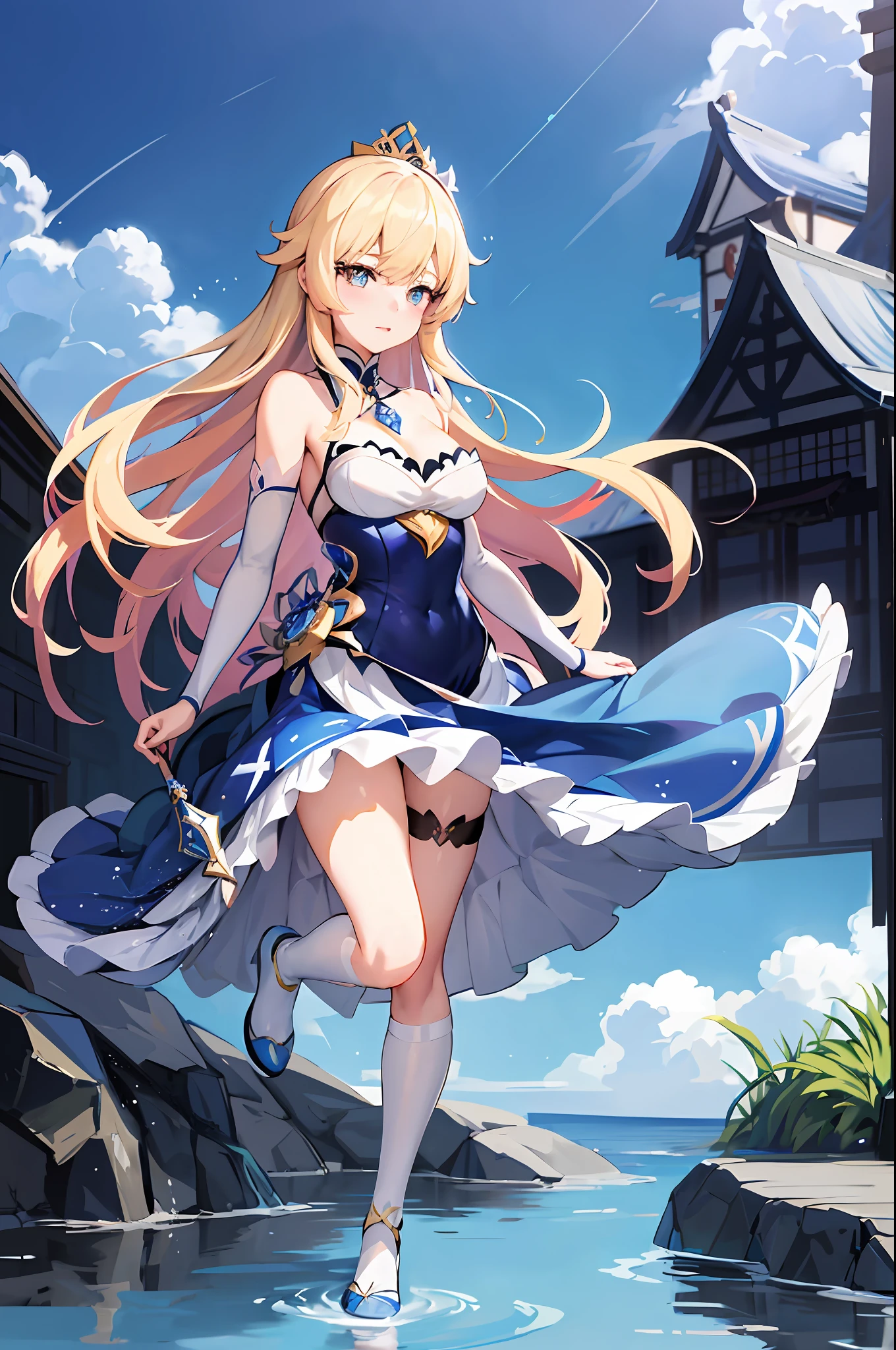 anime - style image of a woman in a blue dress and white stockings holding a sword, ayaka genshin impact, anime goddess, keqing from genshin impact, cute anime waifu in a nice dress, artoria pendragon, loli in dress, zhongli from genshin impact, ayaka game genshin impact, from bravely default ii