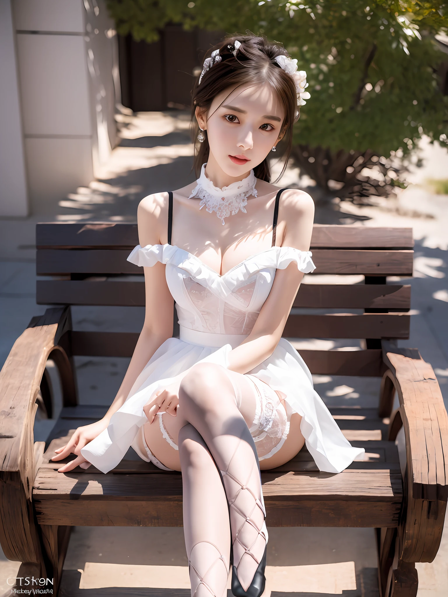 Master work, hyper-detailed, high-quality, a woman sitting on a bench, ultra-detailed face, beautiful face, design sense top, white hip wrapped skirt, flesh-colored stockings, legs crossed, bent over, hand touch high heels, cute and elegant pose, seven-point shot, popular in CGSTATION, Korean female fashion model, background blurred, center symmetry