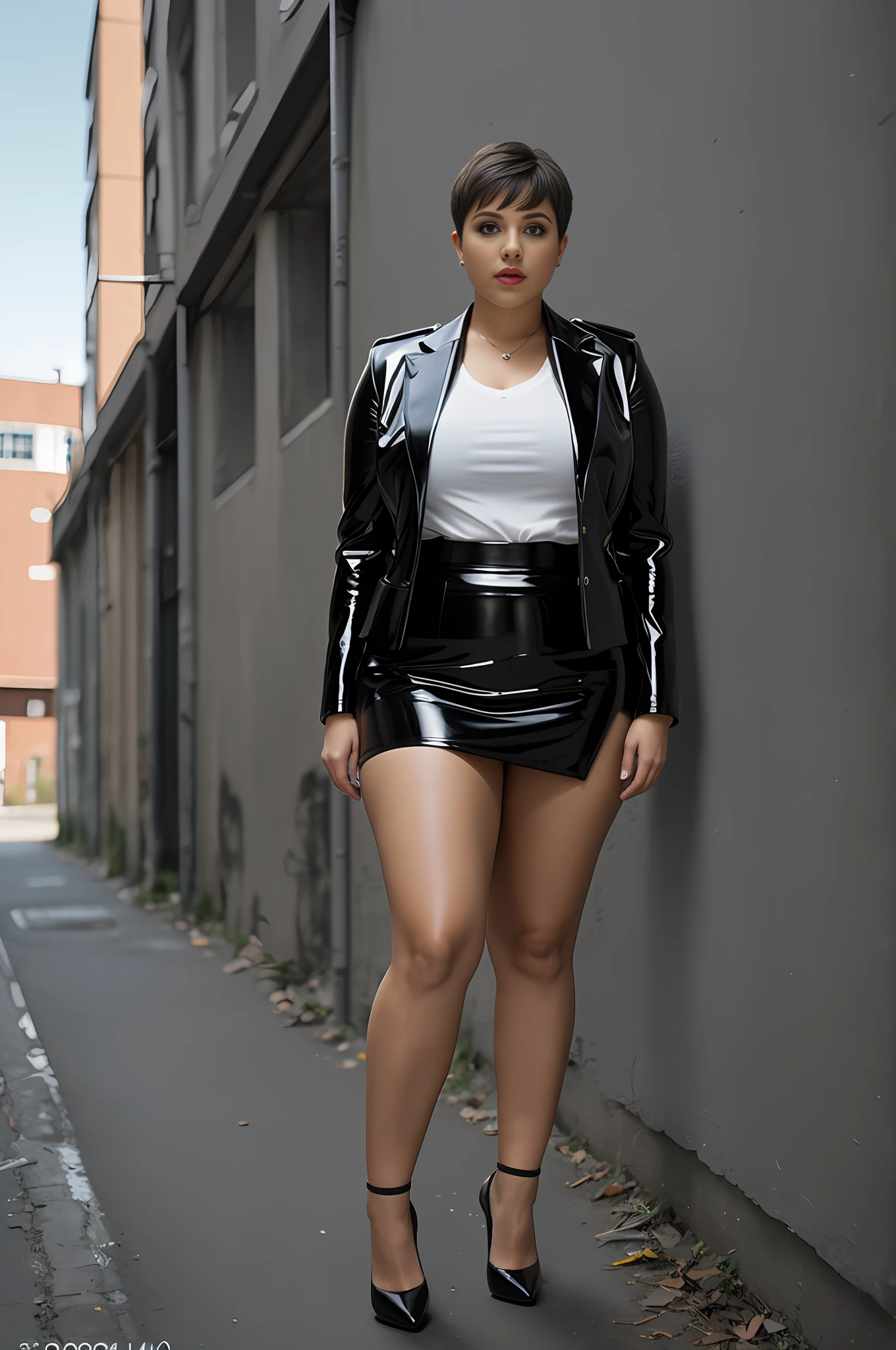 (photorealism: 1.4, masterpiece, sidelights, full body) wide angle photorealistic full body head to toes image of a chubby woman with very short grey haircut wearing an ultra short shiny black pvc miniskirt, very short blazer and high stiletto heels standing in an abandoned alley ((full body)) high detailed, natural light, HDR, lens 24-70mm, photorealistic.::1 DSLR::1, photo realistic, ultra detailed, wide angle lens