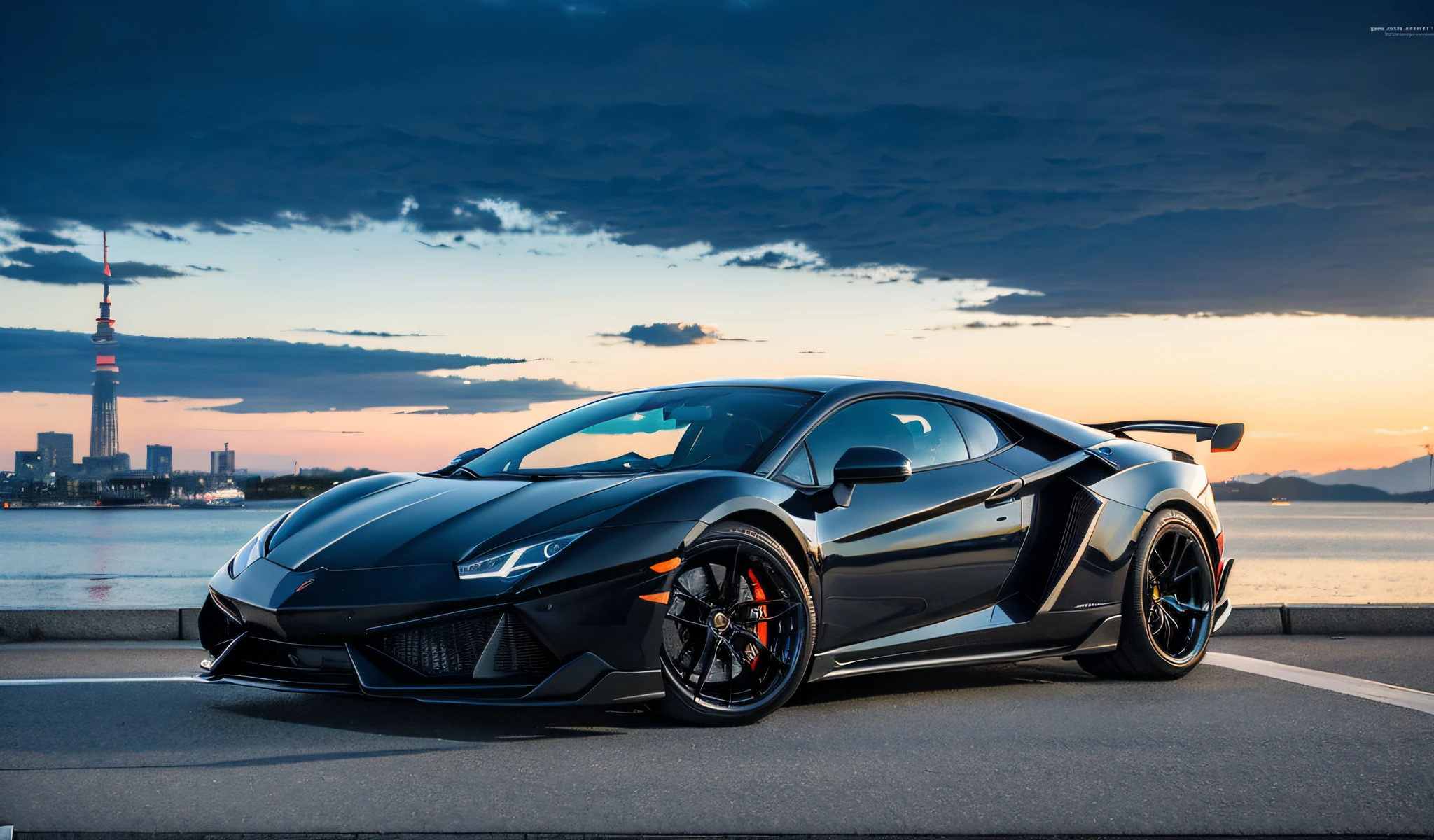 (Raw picture:1.2), (Photorealistic:1.4), Beautiful detailed car, huge file size, ultra detail, high resolution, highly detailed, best quality, masterpiece,,highly detailed, cg, unification, 16k wallpaper, amazing, fine detail ,masterpiece, best quality, highly detailed cg16k wallpaper, light, movie lighting, full shooting, custom sports car, lamborghini black, full shooting, Gorgeous night view taken in Tokyo, beautiful clouds with magnificent background and scenery