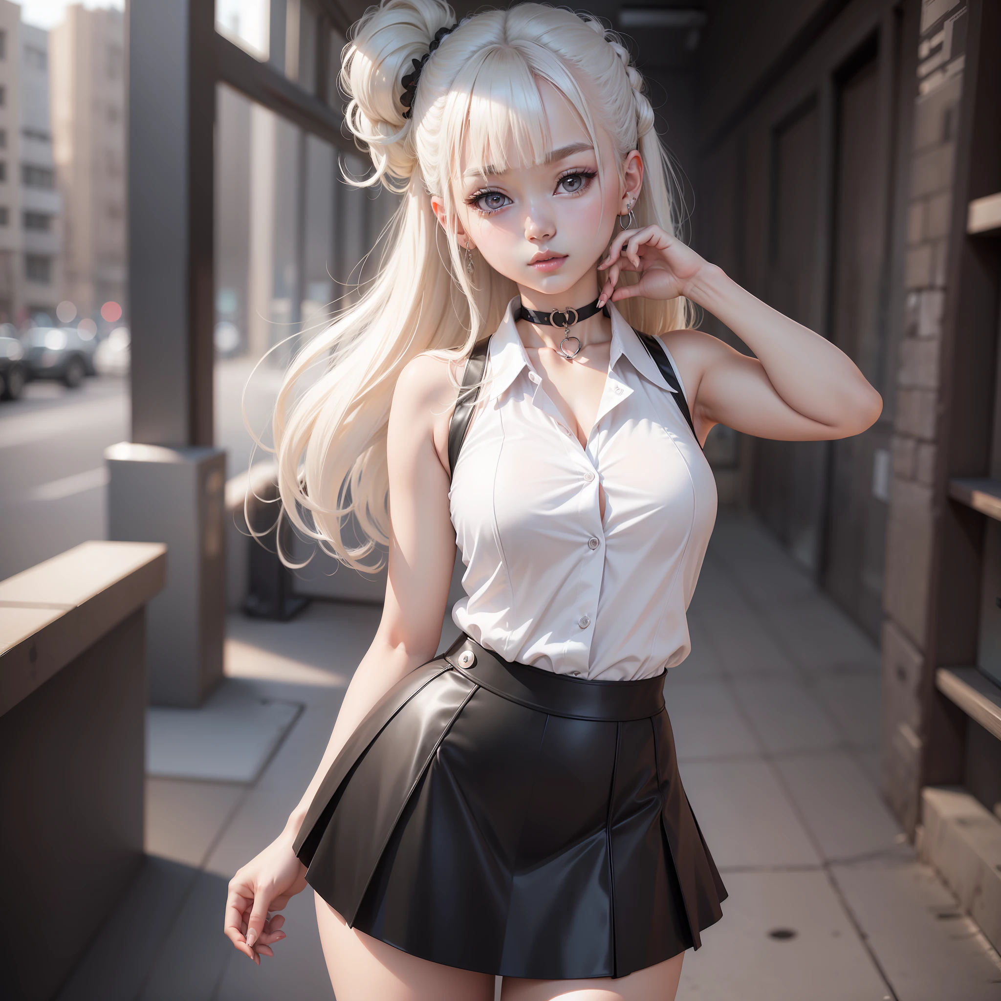 best quality, ultra high res, 1girl, sleeveless white button shirt, black skirt, black choker, cute, (Kpop idol), (aegyo sal:1), (platinum blonde hair:1), ((puffy eyes)), looking at viewer, full body, facing front