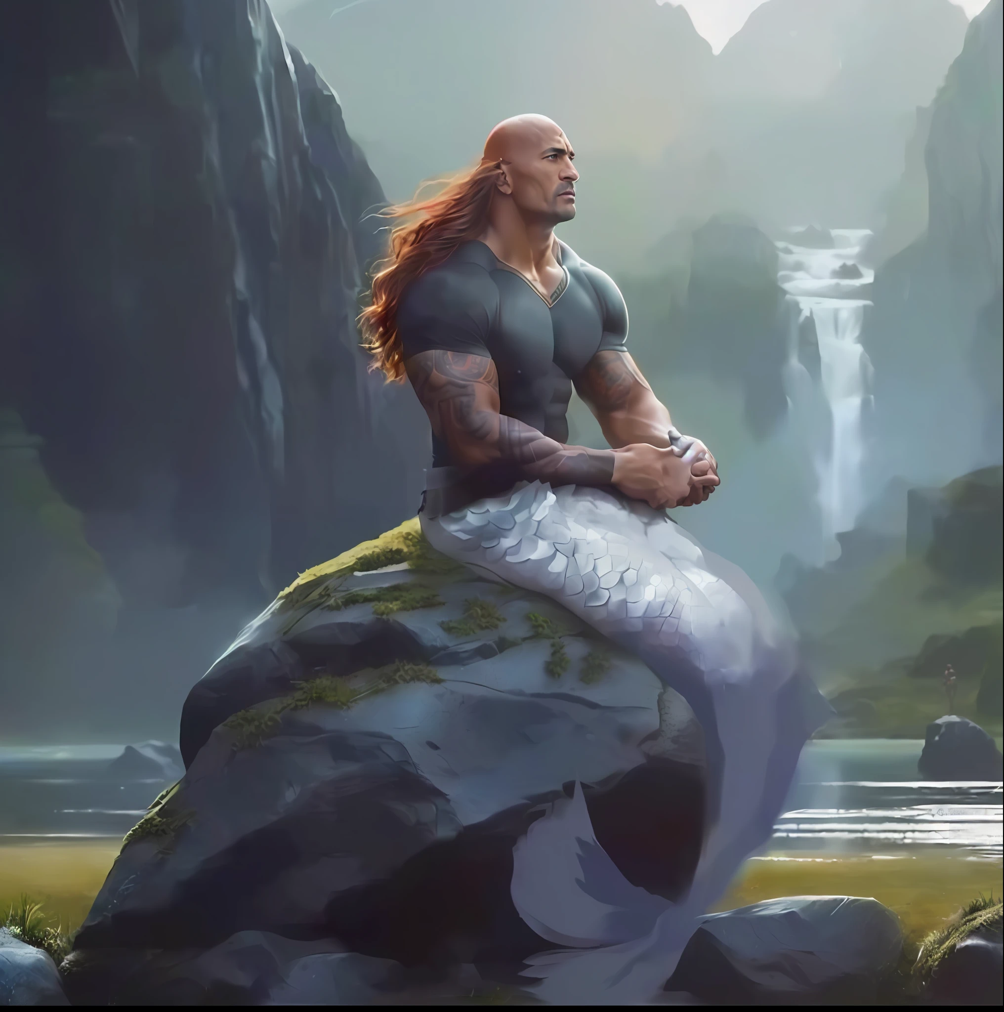 a close up of a person sitting on a rock near a body of water, dwayne johnson as god of war, aquaman aesthetic, dwayne johnson as kratos, the rock, aquaman, dwayne johnson as harry potter, dwayne the rock johnson, dwayne johnson, realistic fantasy painting, trending digital fantasy art, hyperrealistic fantasy art, dnd triton, dwayne johnson as wonder woman