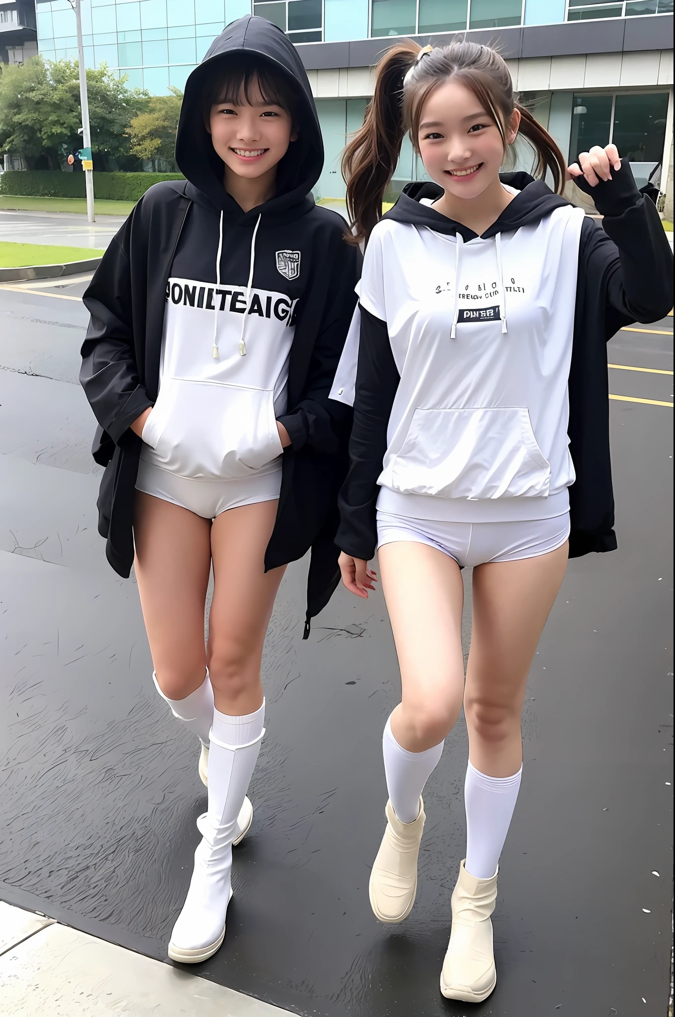 ((Ponytail girl in white high-leg school swimsuit and poncho hood)),,Smiling,(Hooded boy) ,Two people side by side Walking with student bag,It's raining Wet road,Wearing boots