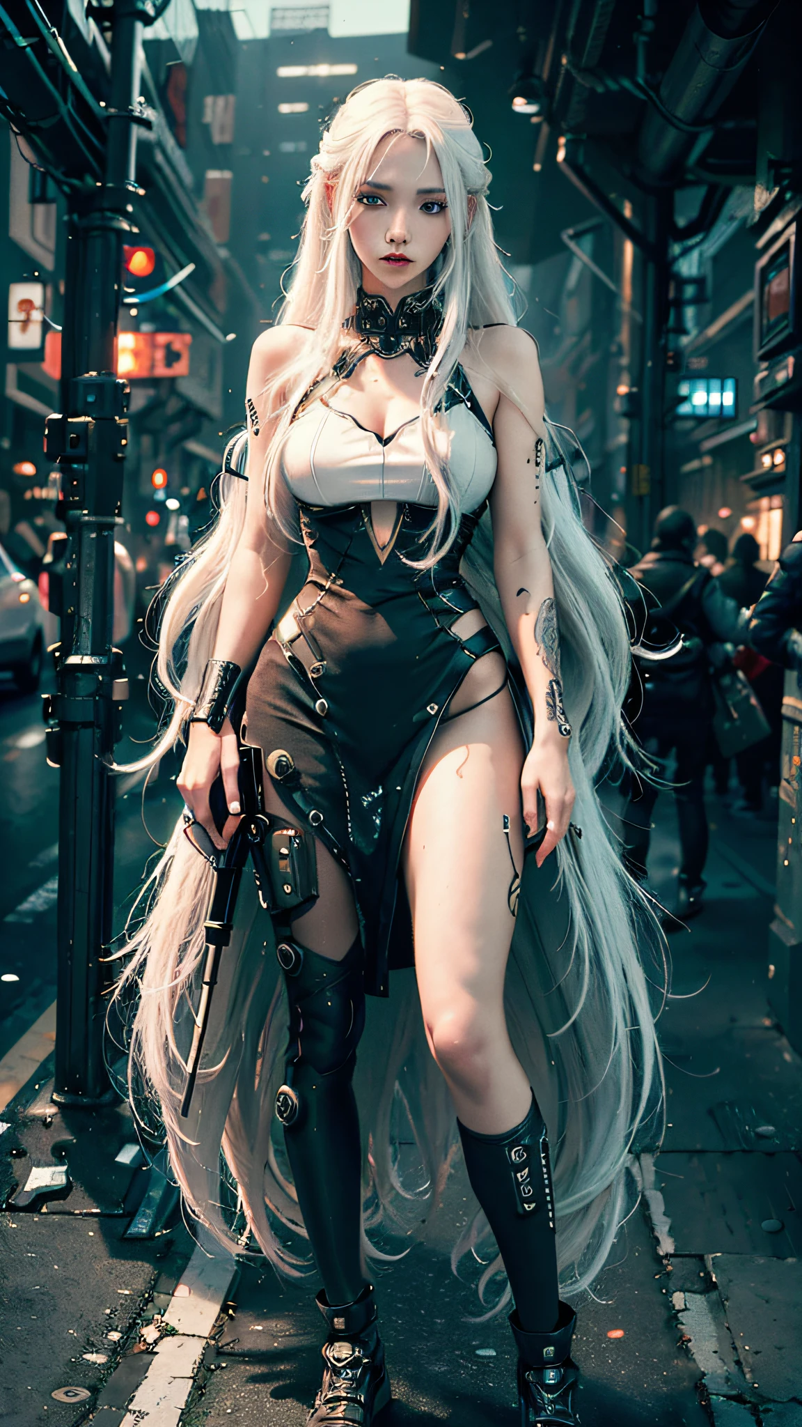 ((Best quality)), ((masterpiece)), (detailed: 1.4), 3D, cyberpunk, a beautiful woman with long white hair