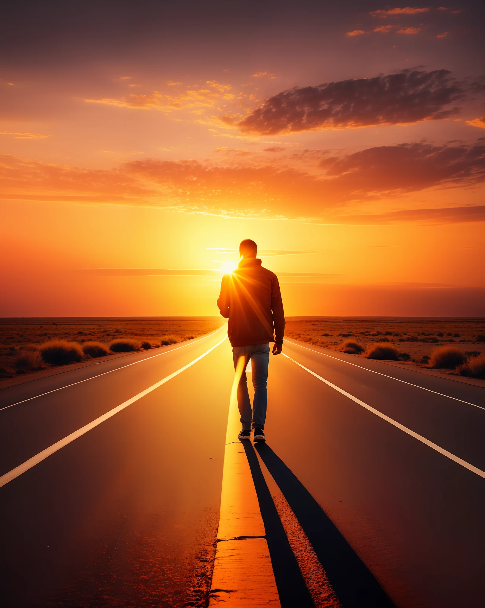 Man walking on a deserted road. Walk in the direction of sunset. Very detailed. Vivid colors. High quality. 8k. Photorealistic.