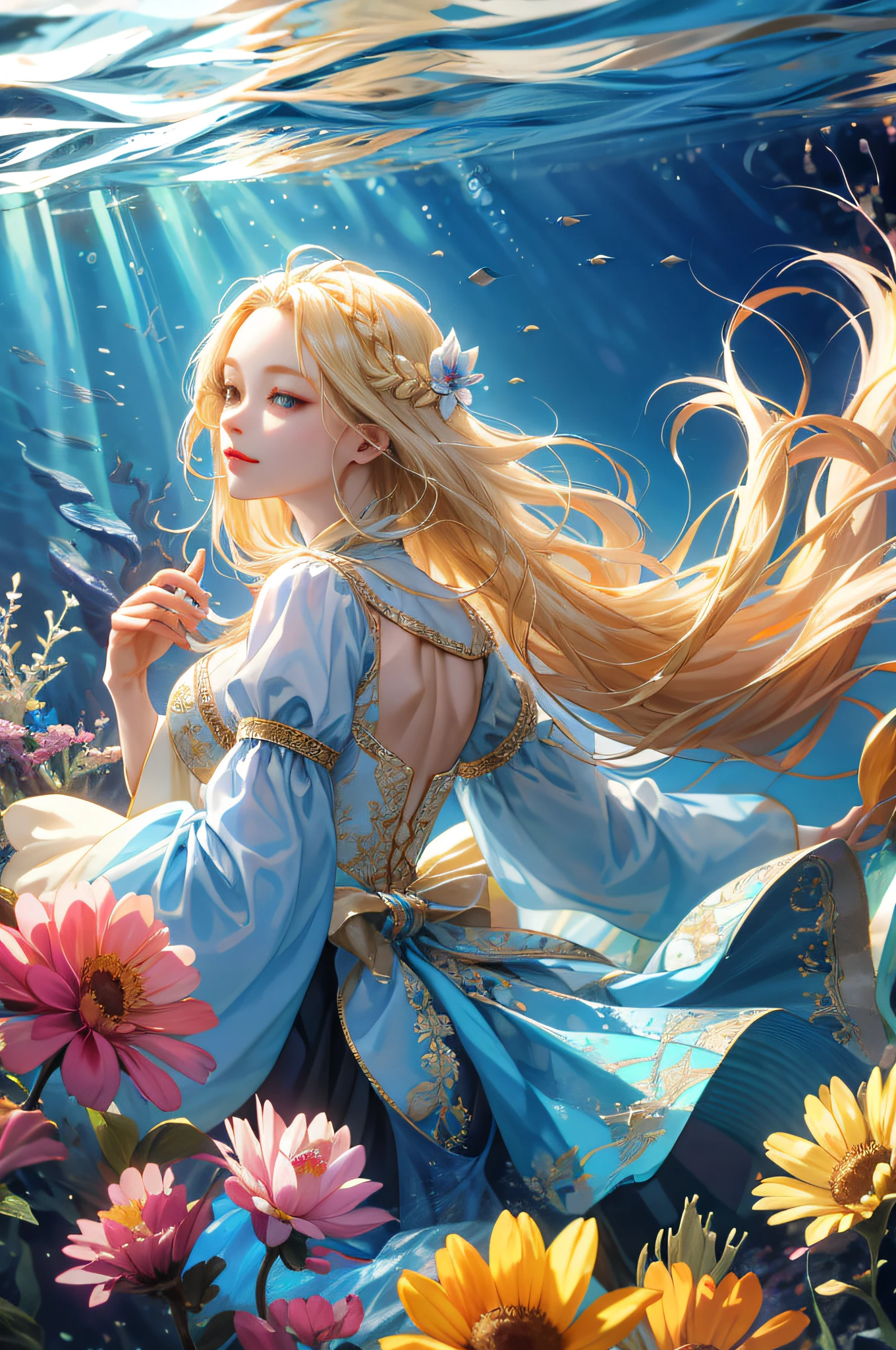(absurdres, highres, ultra detailed), 1girl, solo, mature, (long blonde hair), fanasy, long sleeve, elegant, holy, colorful, highest detailed, underwater, floating hair, flower, looking back, upper body