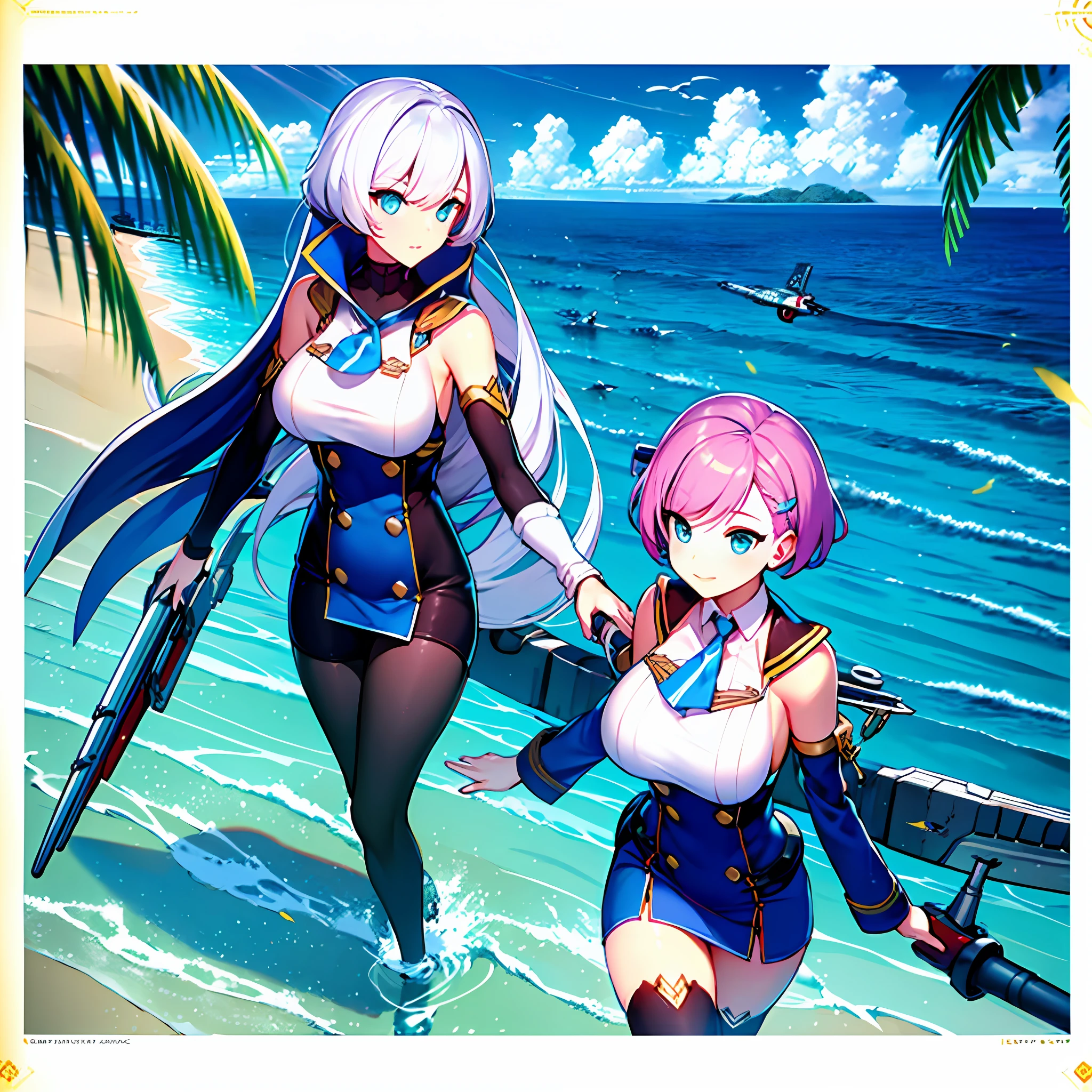 The best picture quality, the best details, masterpiece, ocean, 1 cute big-breasted girl in aqua blue mech, weapon in hand, two propellers behind both shoulders, two small torpedoes on either side of the thigh, energy crystals on the chest, short wings at the forearm, stepping on the water, shots from afar, yacht, sunlight, seagulls, flying fish, bay, coconut trees