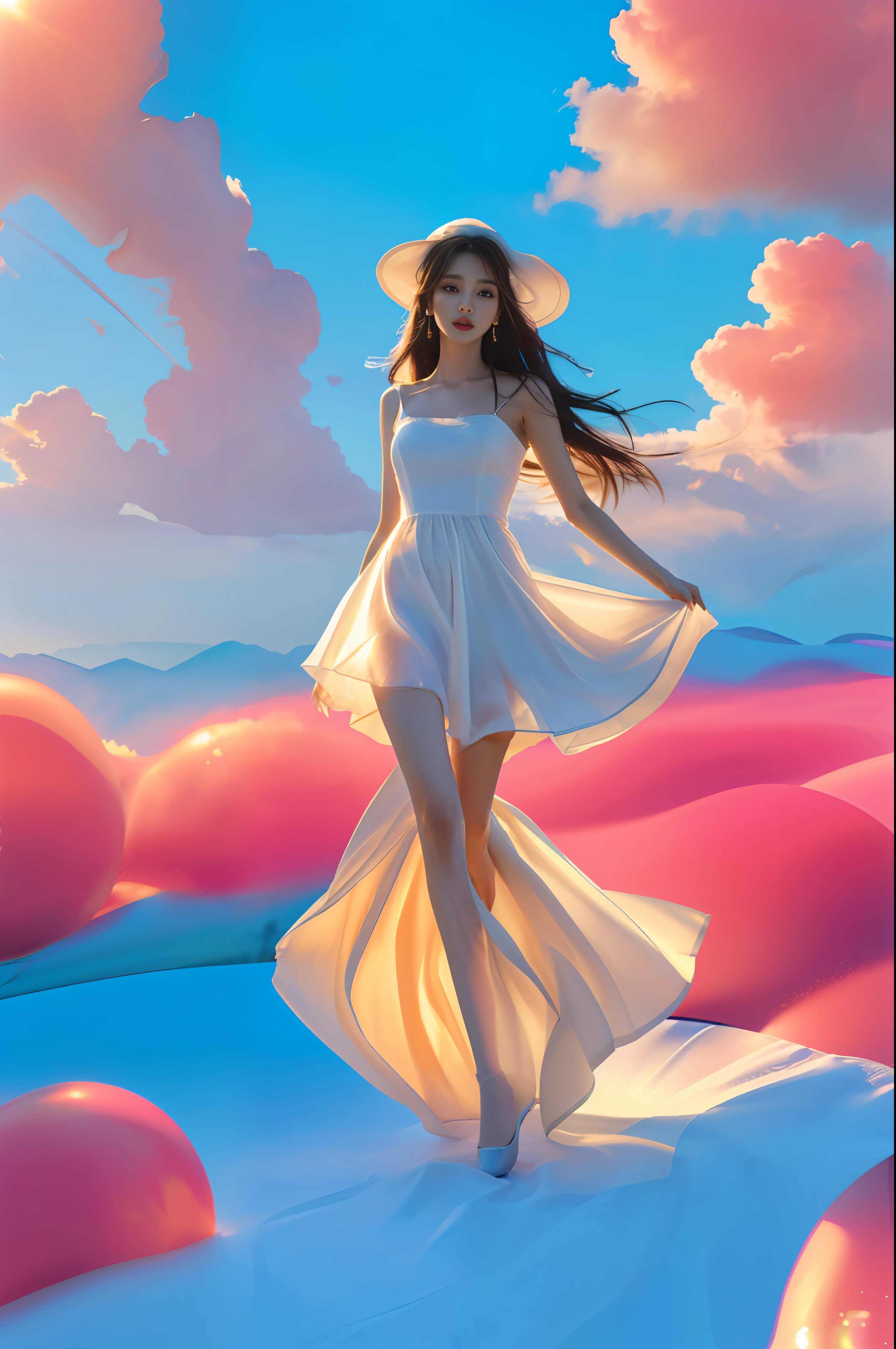 (8k, RAW photo, photorealistic:1.25), ( lip gloss, eyelashes, glossy side, shiny skin, best quality, ultra high resolution, depth of field, chromatic aberration, caustics, wide light, natural shadows, headwear, Kpop idol), (dreamy and romantic compositions: 1.5), light pink style, 1girl, (sky witch: 1.5), tall and thin beauty goddess, flowing dress, conservative girl, cloud goddess, flowing white fabric, wearing flowing dress, realistic, blue sky on background, (wind: 1.5), (full body: 1.5), add_detail,