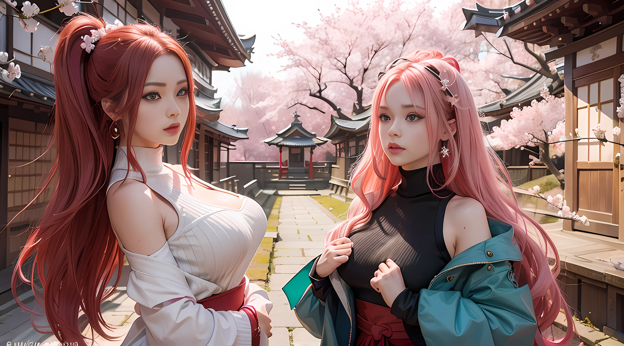 (Masterpiece, Superb Quality, 1Girl, Solo, Complex Details, Color Aberration), Realism, Panorama, Full Body ((Medium Breath)), Natural Action, Bare Shoulders, Big Breasts, Sexy, Yae Miko, Long Pink Hair, Red Headdress, Red Highlight, Hair Above One Eye, Green Eyes, Earrings, Sharp Eyes, Perfect Symmetrical Figure, Choker, Neon Shirt, Open Jacket, Turtleneck Sweater, Against a Wall, Brick Wall, Graffiti, Dim Lighting, Alley, Looking at the Audience, ((Mean, Seductive, Charming)),(((cherry blossom background))),((Japanese temple background))), (((luminous background))))