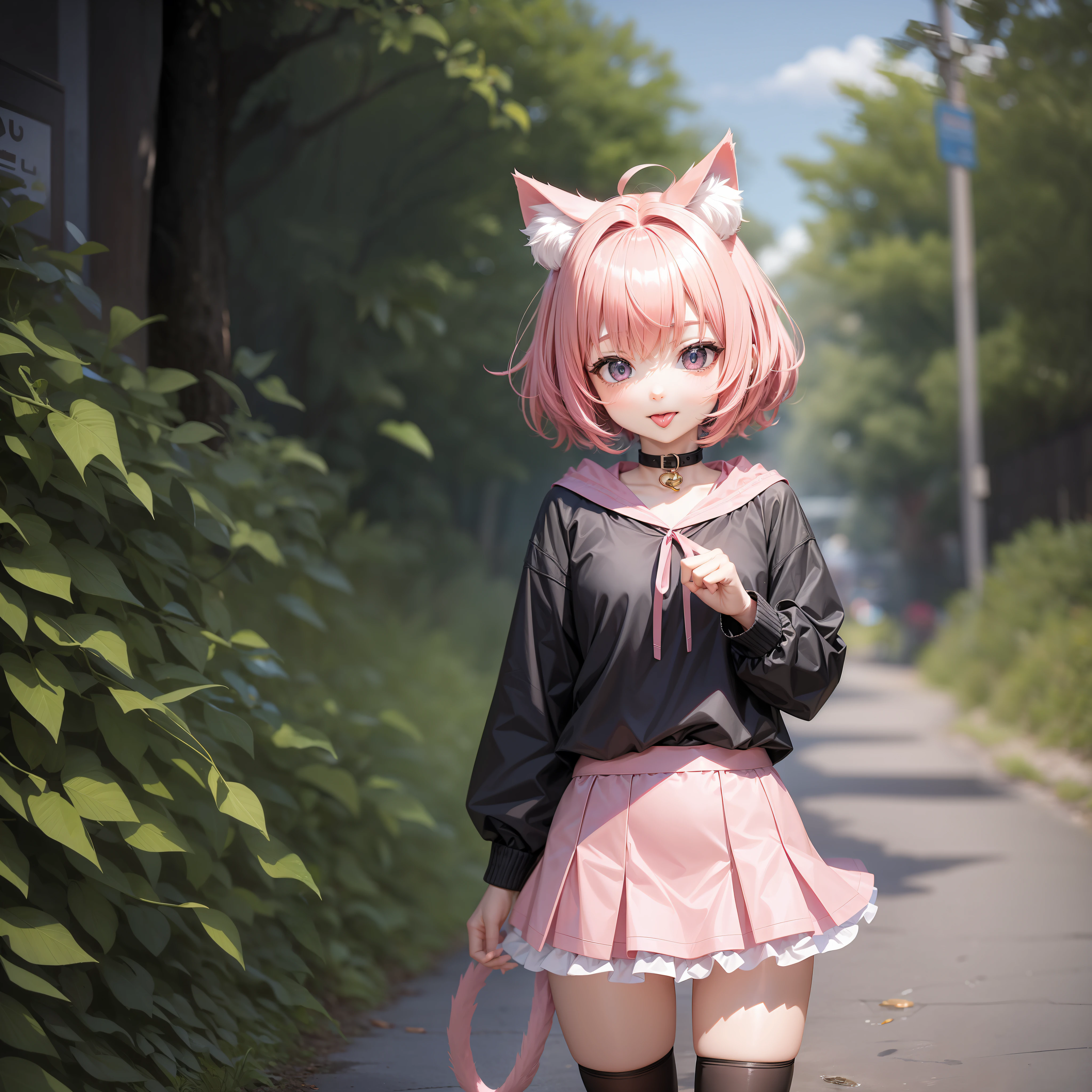 Girl Cat Ears Animal Tail Short Pink Hair Short Skirt Shyness Tongue Out --auto --s2