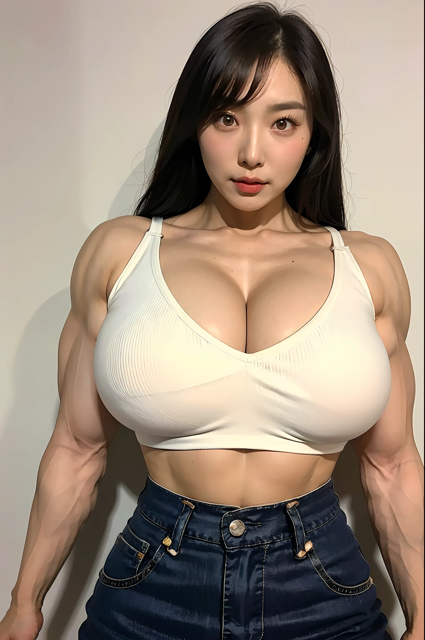 (Pretty Korean girl),(crop top),(Super Huge boobs:1.3),bare butts,(muscular:1.5)