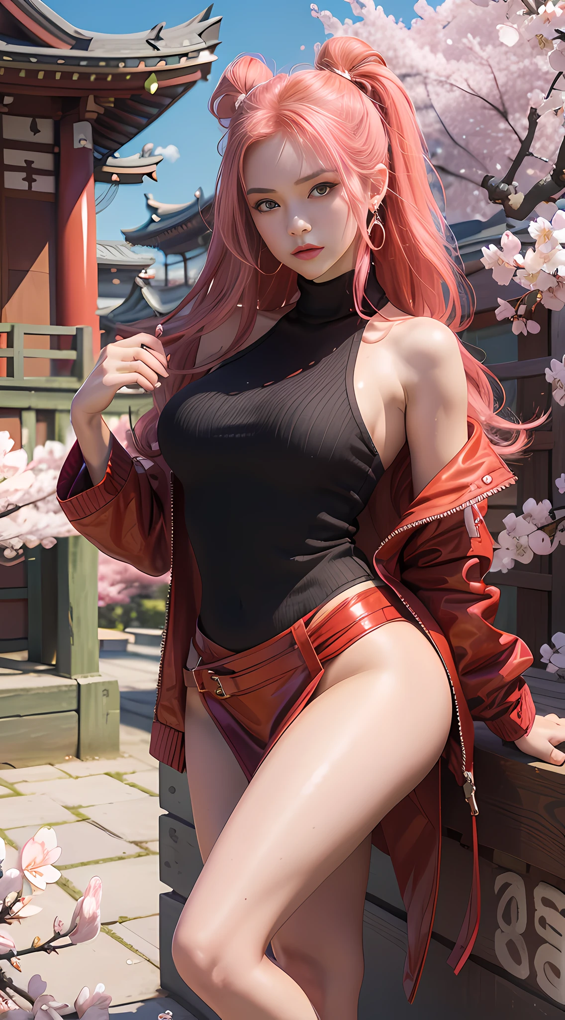 (Masterpiece, Superb Quality, 1Girl, Solo, Complex Details, Color Aberration), Realism, Panorama, Full Body ((Medium Breath)), Natural Action, Bare Shoulders, Big Breasts, Sexy, Yae Miko, Long Pink Hair, Red Headdress, Red Highlight, Hair Above One Eye, Green Eyes, Earrings, Sharp Eyes, Perfect Symmetrical Figure, Choker, Neon Shirt, Open Jacket, Turtleneck Sweater, Against a Wall, Brick Wall, Graffiti, Dim Lighting, Alley, Looking at the Audience, ((Mean, Seductive, Charming)),(((cherry blossom background))),((Japanese temple background))), (((luminous background))))