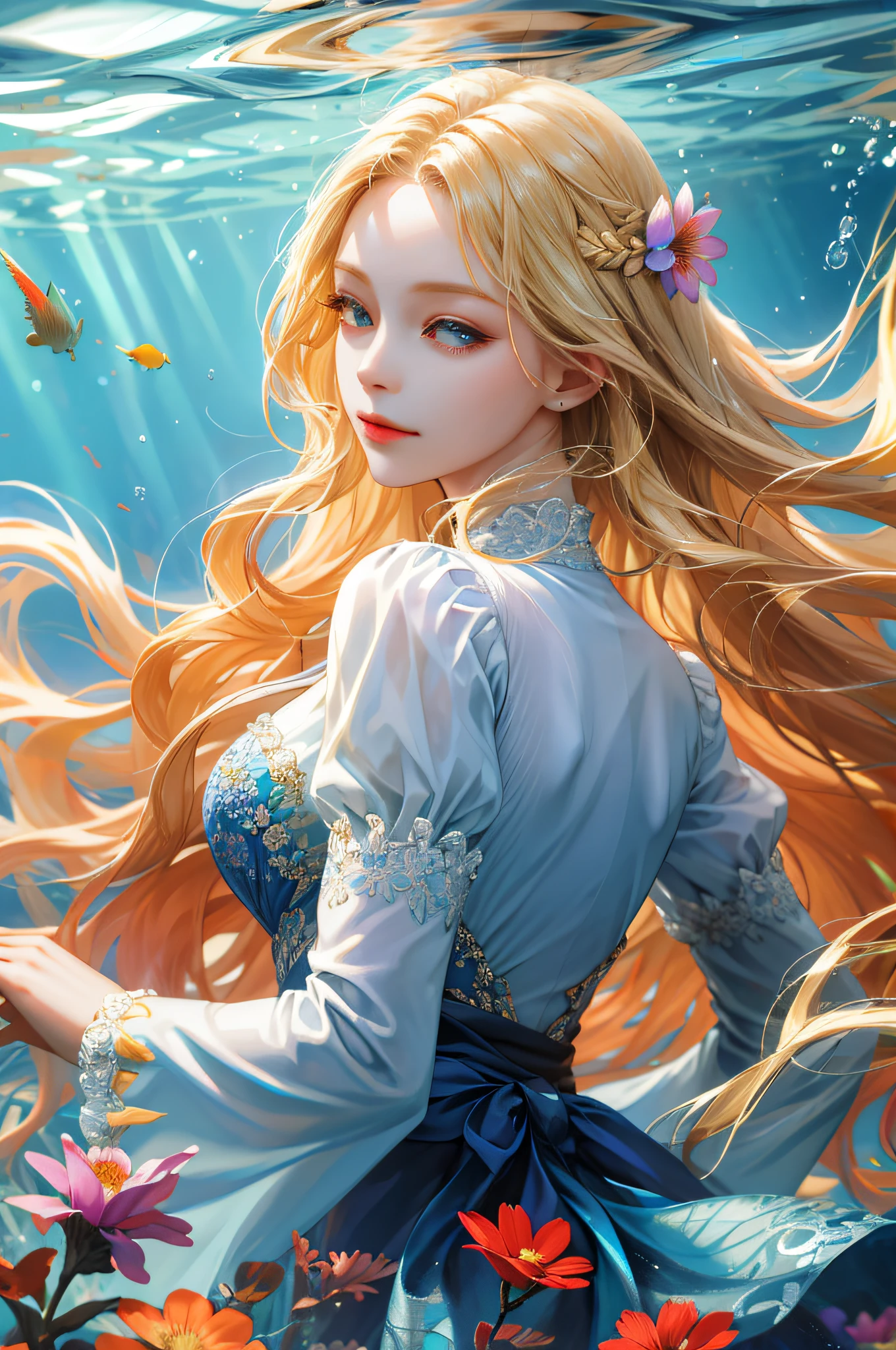 (absurdres, highres, ultra detailed), 1girl, solo, mature, (long blonde hair), fanasy, long sleeve, elegant, holy, colorful, highest detailed, underwater, floating hair, flower, looking back, upper body