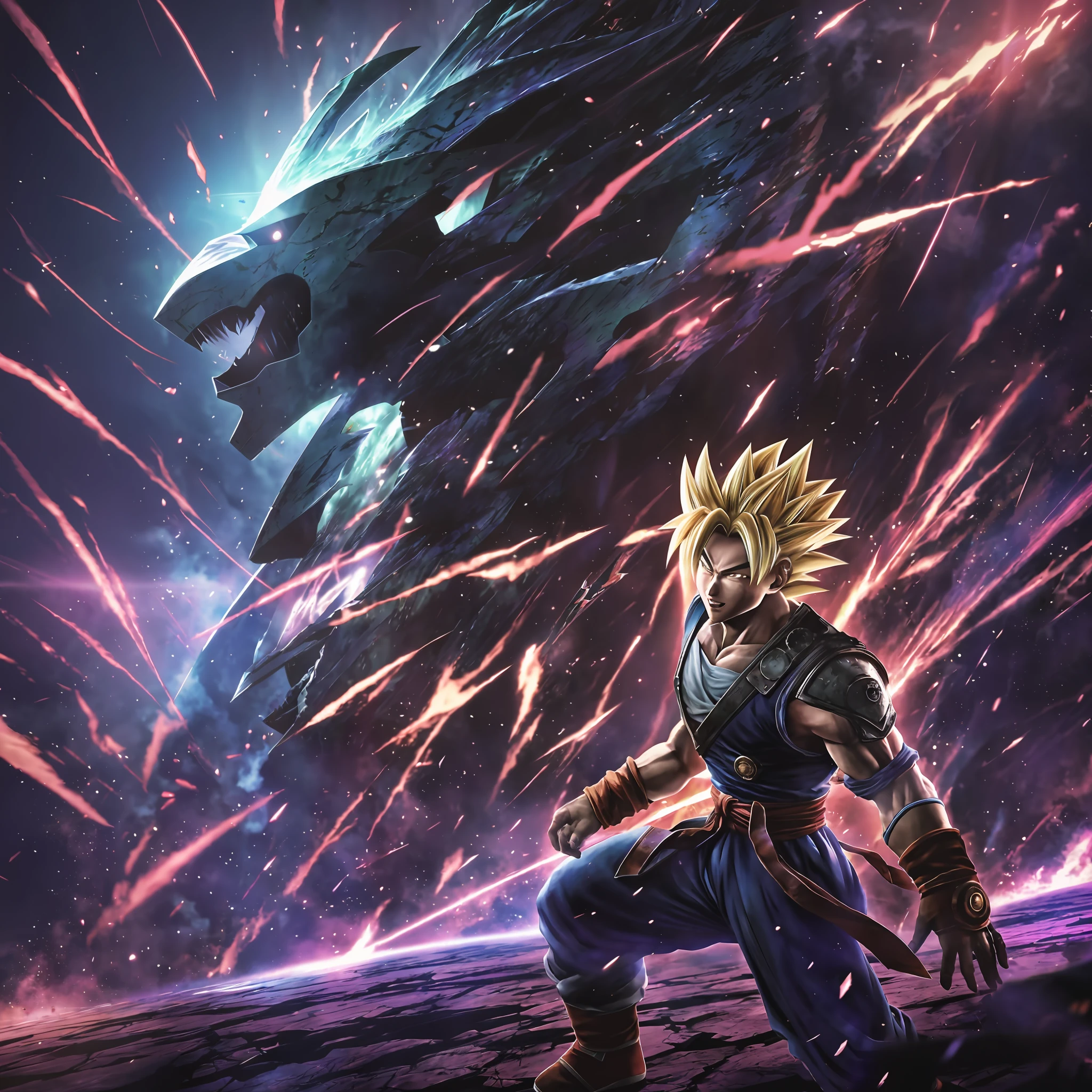'Dragon Ball', abstract, dreamy, Super Saiyan Kakarot, Digital Grid Effect, Complex Environment, Distortion, painted by AKIRA of 克洋(Katsuhiro) Otomo and Akira Toriyama and FFVII of Tetsuya Nomura, 'perfectly shaded', cinematic lighting, depth of field, vray, volumetric lighting, centered-shot, dynamic pose, Post-Production, professional color grading --auto --s2