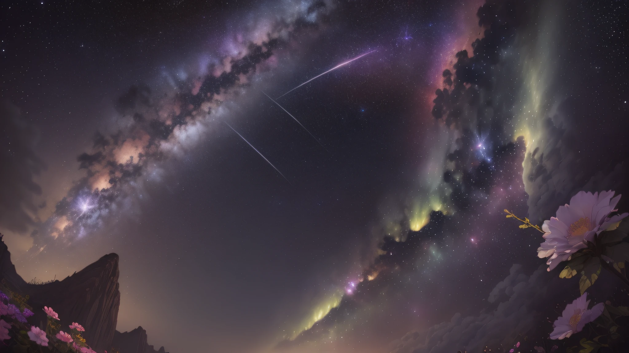 (zoomed out:1.1), (meteor shower:1.2), (comet:1.1), low angle, aroura borealis, shooting star, cloud, colorful, starry, stars, night, flower field, flower blossom, night sky, beautiful flowers, night theme, Surrealism, high detail, from below, from below, Hyperrealism, Impressionism, best quality, masterpiece, UHD, retina, award winning, 4K, anatomically correct, super detail