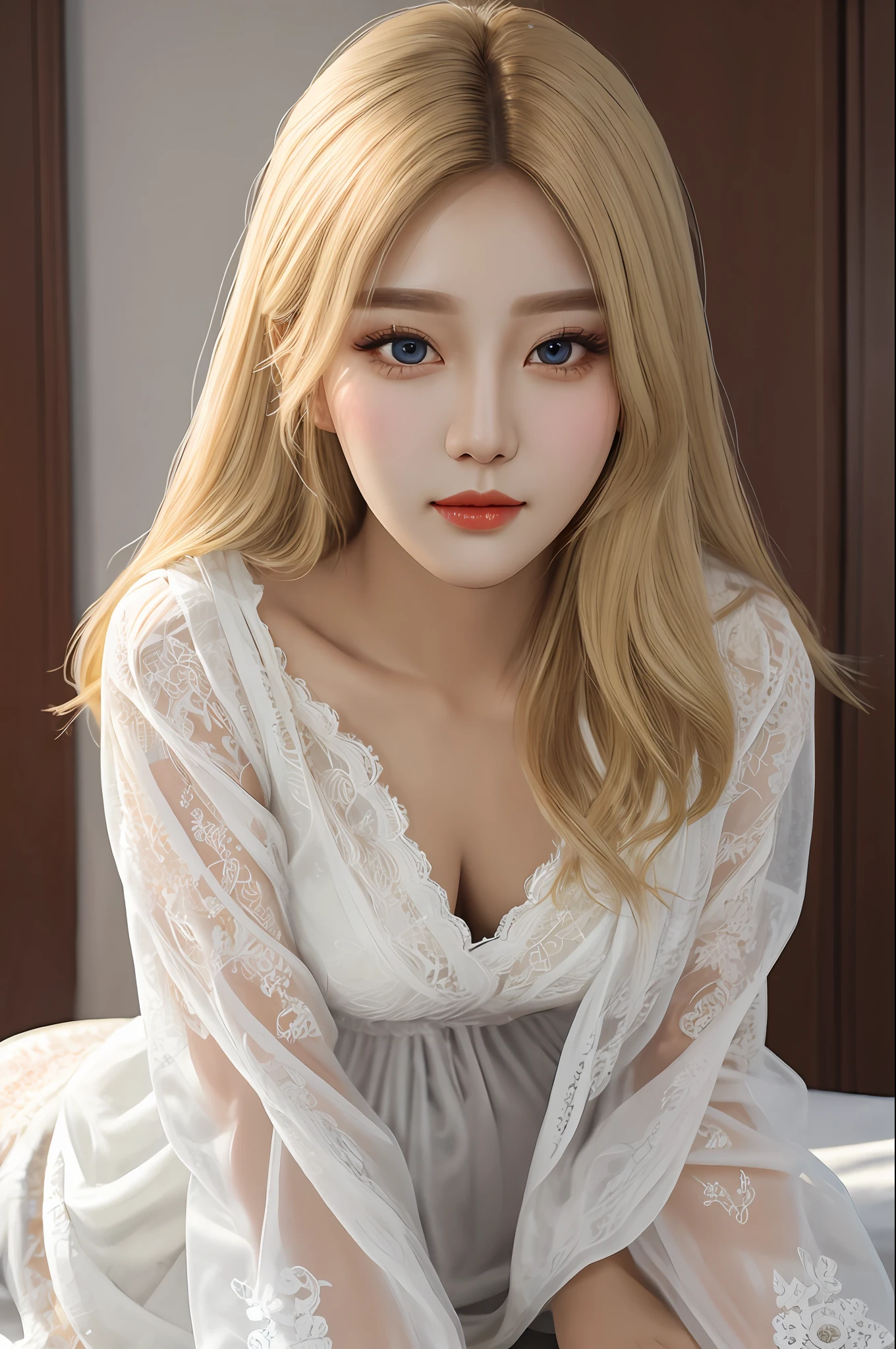 Very detailed eyes, very detailed face, very beautiful woman, best quality, Korean style, super detailed (photorealistic), big, blonde long, very detailed full body, sitting
