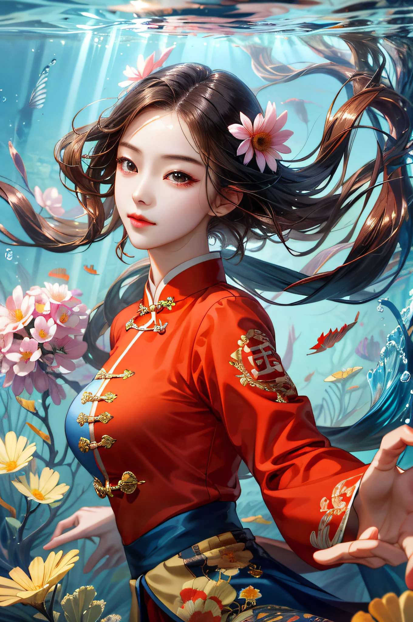 (Ridiculous, High Resolution, Ultra Detailed), 1 Girl, Solo, Mature, Chinese Girl, (Long Brunet), Fanatic, Long Sleeves, Elegant, Holy, Colorful, Supreme Detail, Underwater, Floating Hair, Flower, Back, Upper Body