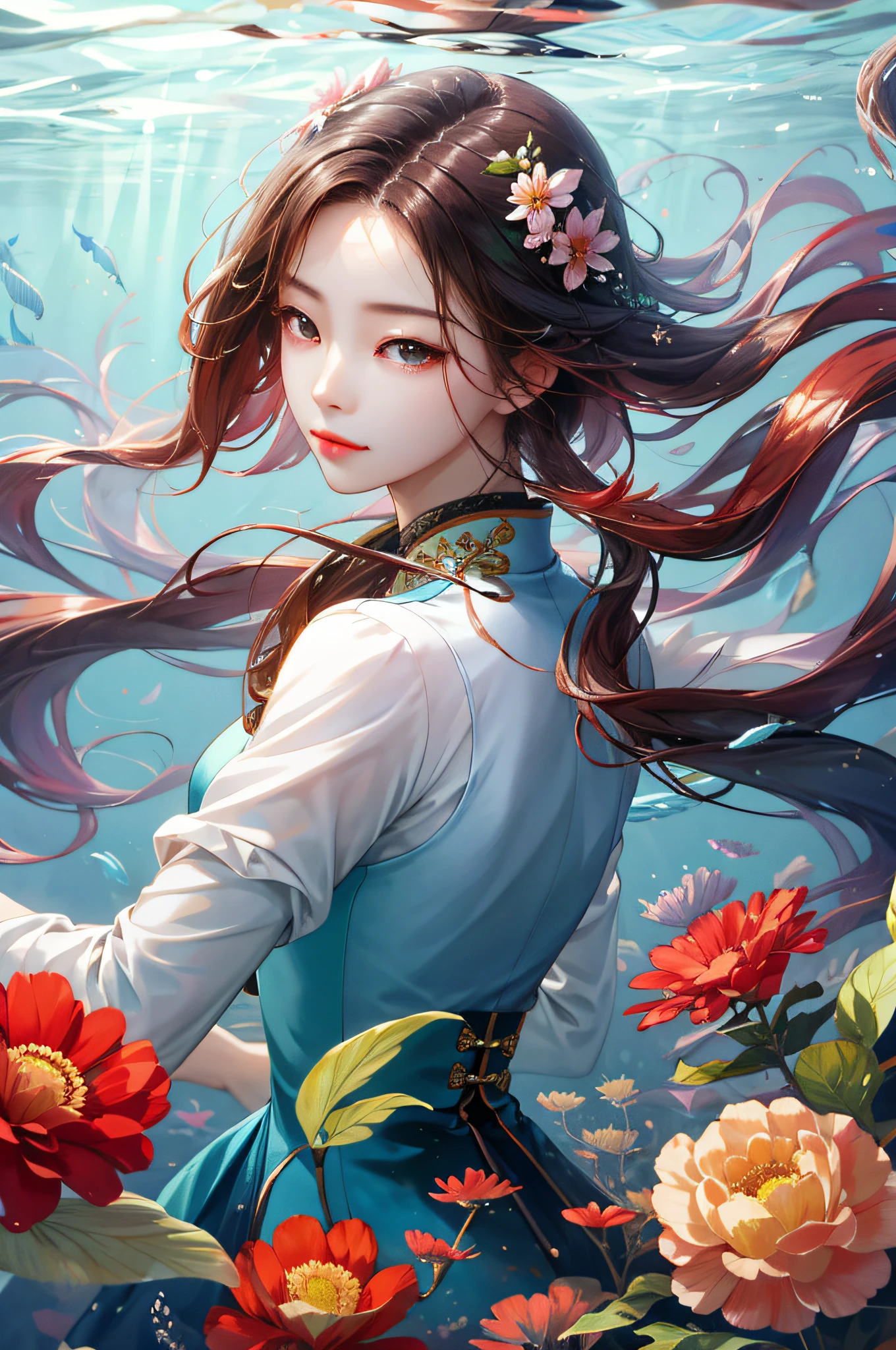 (Ridiculous, High Resolution, Ultra Detailed), 1 Girl, Solo, Mature, Chinese Girl, (Long Brunet), Fanatic, Long Sleeves, Elegant, Holy, Colorful, Supreme Detail, Underwater, Floating Hair, Flower, Back, Upper Body