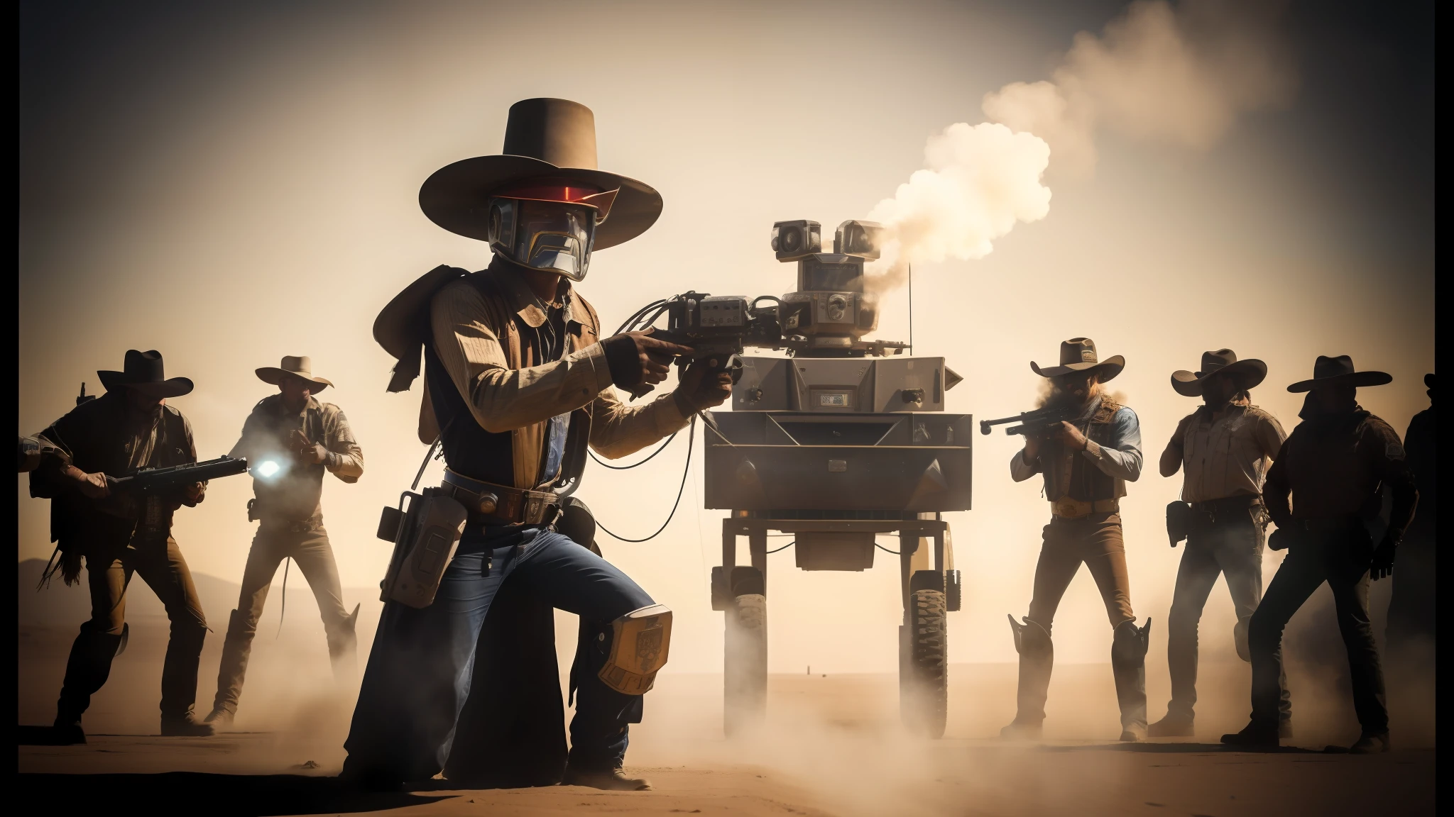 cowboys in a desert with a robot and a group of men, fantasy photography, techno music, photo taken in 2018, big guns, anthropomorphic character, spirit of rage, high hat, award-winning photograph, rising steam, artist rendition, scene from a rave, caravan