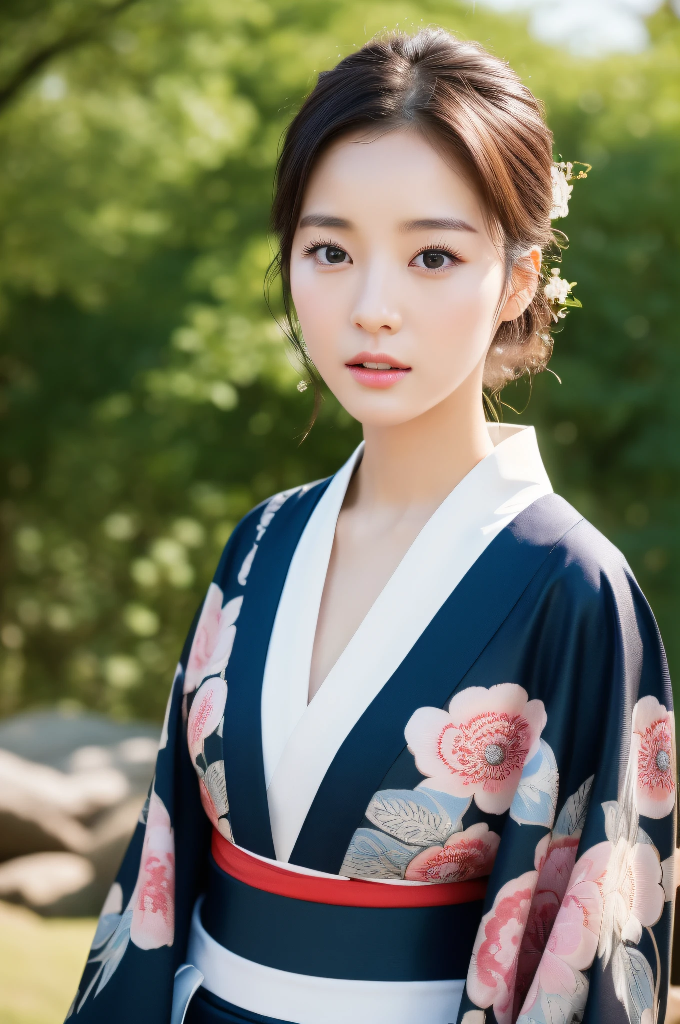 ((Top Quality, 8K, Masterpiece: 1.3)), Sharp Focus: 1.2, (Super Beautiful Face: 1.0), (Glossy Skin: 1.0), Realistic Photos, Black Hair, Realistic Pupils, Movie Lighting, Highly Detailed Eyes and Face, Movie Lighting, (Cowboy Shot: 1.0), (kimono, hakama, obi: 1.15), (Korean Cute Actress), in nature, classic kimono,