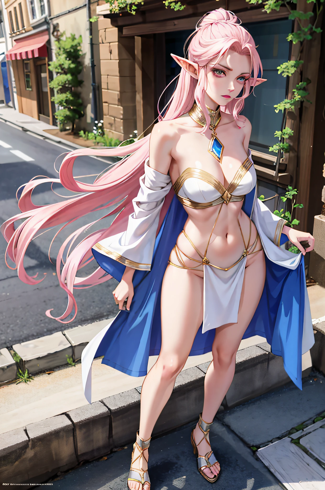 Tall and beautiful elf woman, pink pupils, contempt in her eyes, cold expression, arrogant posture, chest, chest, exposed shoulders, exposed navel, exposed thighs, looking up at the camera, strolling through the medieval streets.