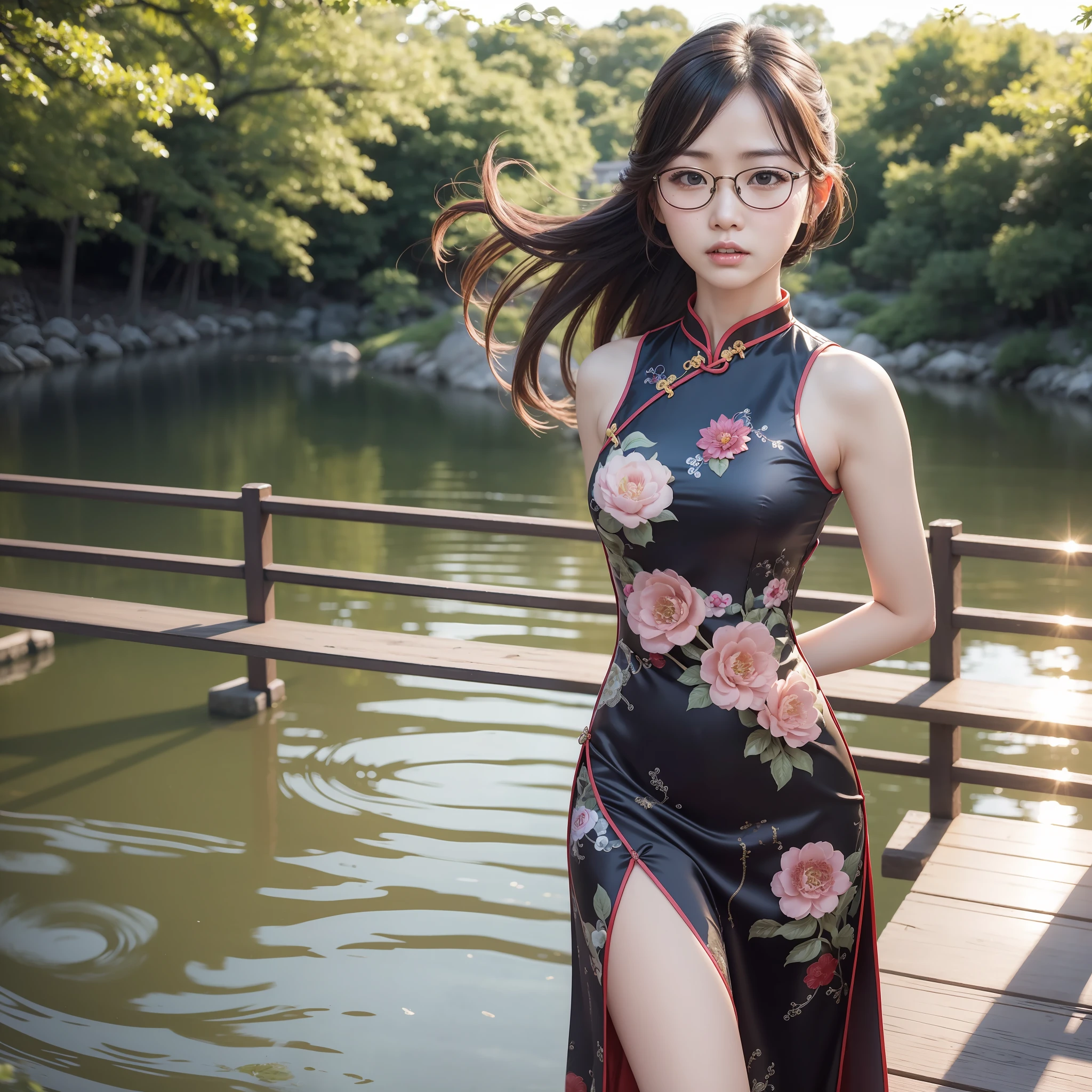 Cowboy Shot, (Masterpiece), (Best Quality:1.2), Small,Small,Glasses,Full Body,Anger, Sun Absurdity, Photography, Photorealistic,Very Detailed, Detailed Face, Solo 18.y.o Japan girls, sexy cheongsam, standing, riverside, arms behind back, sunlight, random hairstyle