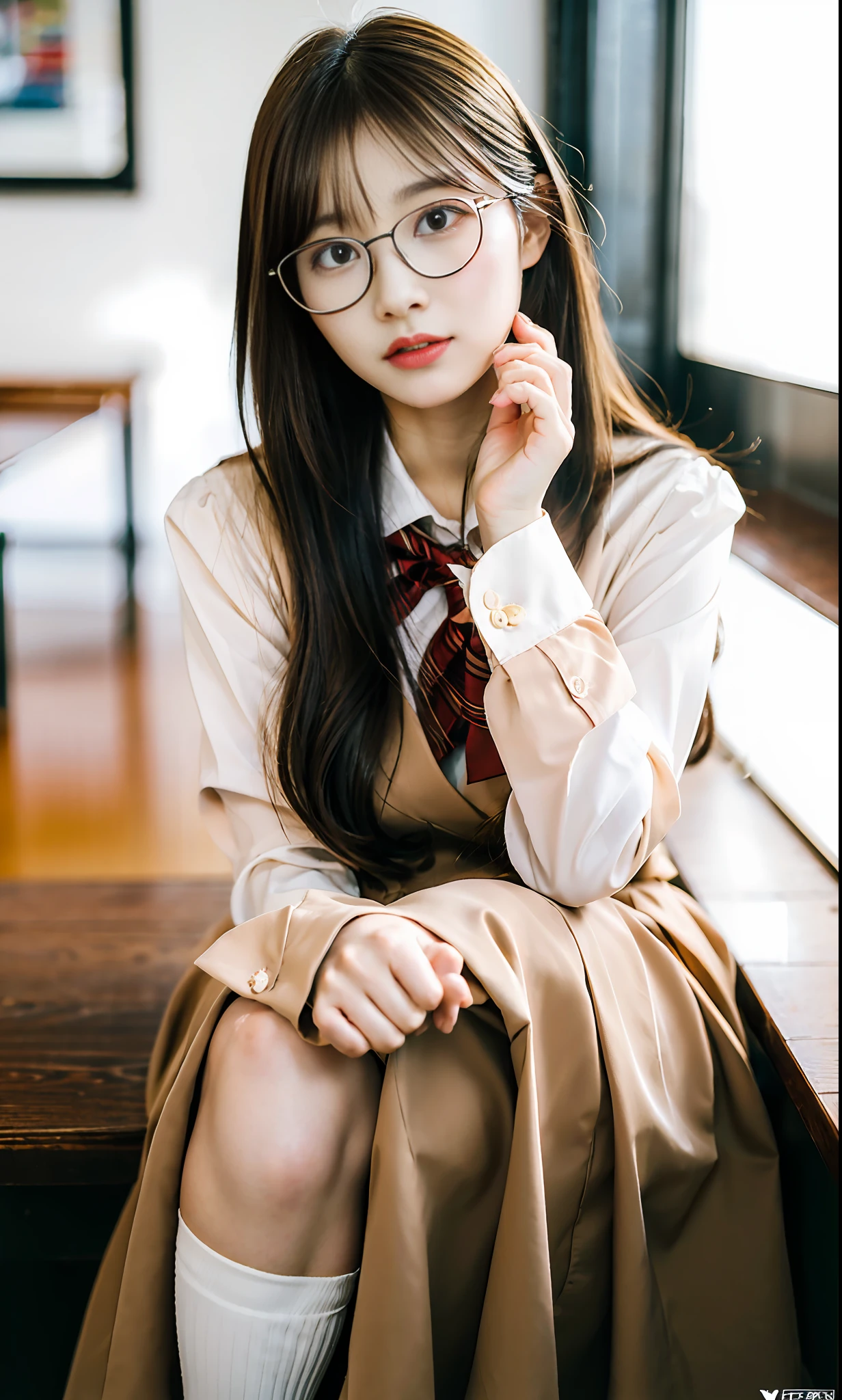 ulzzang-6500-v1.1, (Raw photo:1.2), (Photorealistic:1.4), Beautiful detailed girl, Very detailed eyes and face, Beautiful detailed eyes, Ridiculous, Incredibly ridiculous, Huge file size, Ultra detailed, High Definition, Very detailed, Best quality, Masterpiece, Kemomimi, ((Japan Girls' High School Uniform)), Illustration, Very detailed, CG, Unification, 8k wallpaper, amazing, fine detail, masterpiece, best quality, highly detailed cg uniform 8k wallpaper, face light, movie lighting, 1 girl, 16 years old, (without panties)), (with glasses), (dynamic pose))), (camel toe), (half), (bent knees and legs sitting))