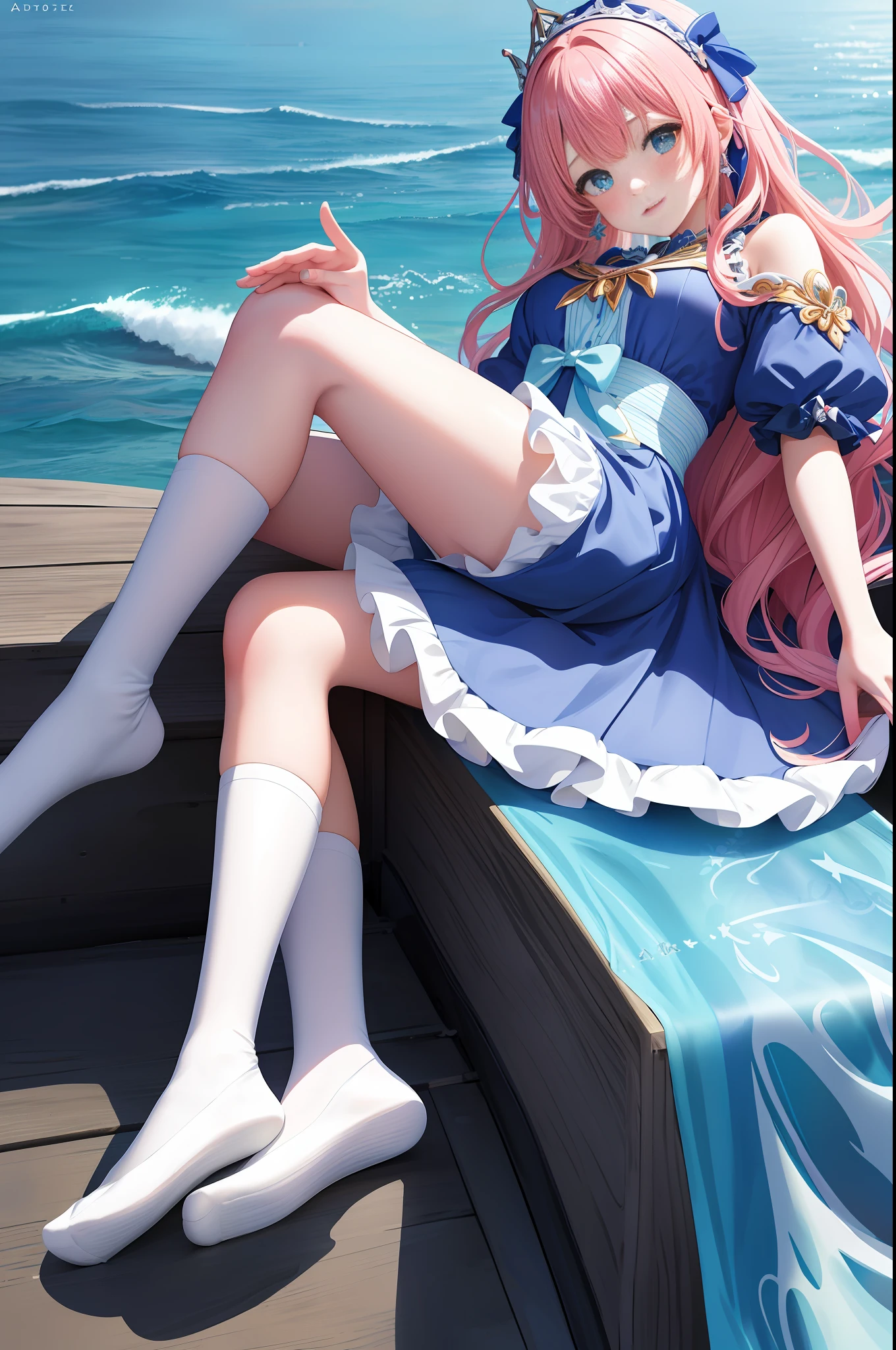 Anime girl in blue dress sitting on a boat with stars on her head, goddess of the sea, goddess of the anime, goddess of the sea, (((beautiful fantasy queen)), blue ocean, cute anime waifu in beautiful clothes, white socks, long socks, stockings, pink shoes, ta shoes, pattern, bow, wallpaper anime blue water, popular on ArtStation pixiv, beautiful girl, beautiful fantasy queen, beautiful fantasy anime, beautiful anime woman