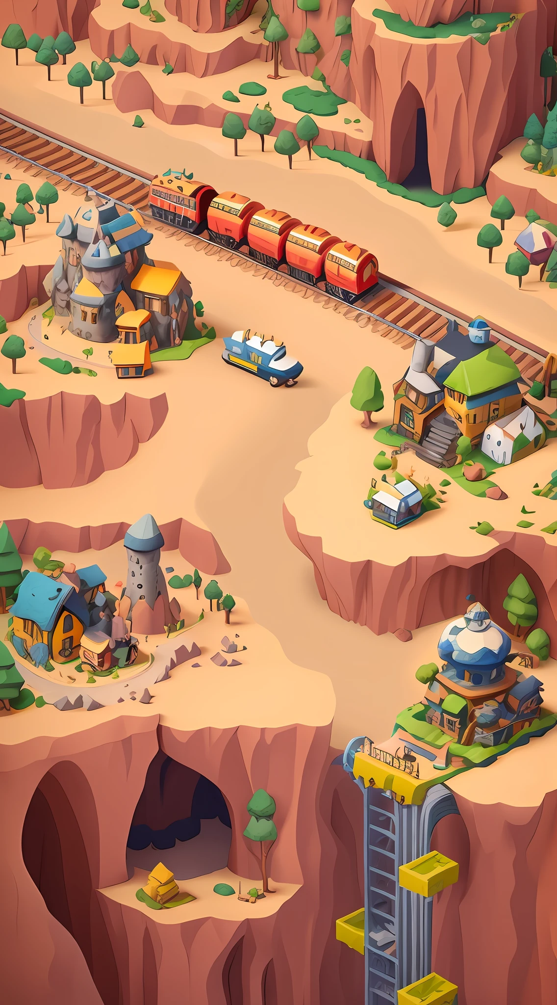 Cartoon illustrated train traveling on hills, cave town, mine, super detailed color low poly art, 3d rendering stylization, stylized game art, stylized 3d rendering, stylized concept art, stylized to 3d rendering, cliffside town, detailed game art, 3d stylized scenes, isometric 3d fantasy