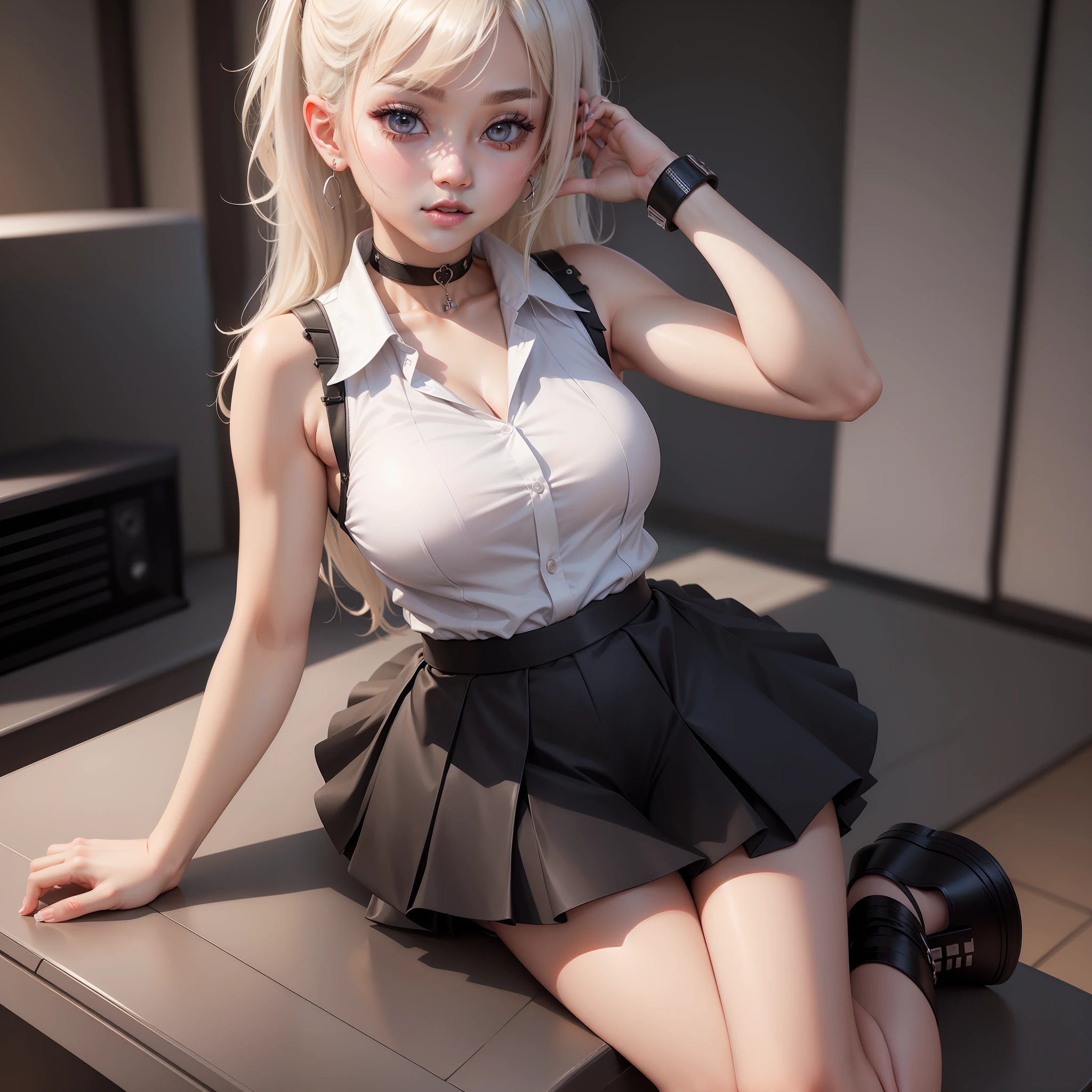 best quality, ultra high res, 1girl, sleeveless white button shirt, black skirt, black choker, cute, (Kpop idol), (aegyo sal:1), (platinum blonde hair:1), ((puffy eyes)), looking at viewer, full body, facing front, glow skin