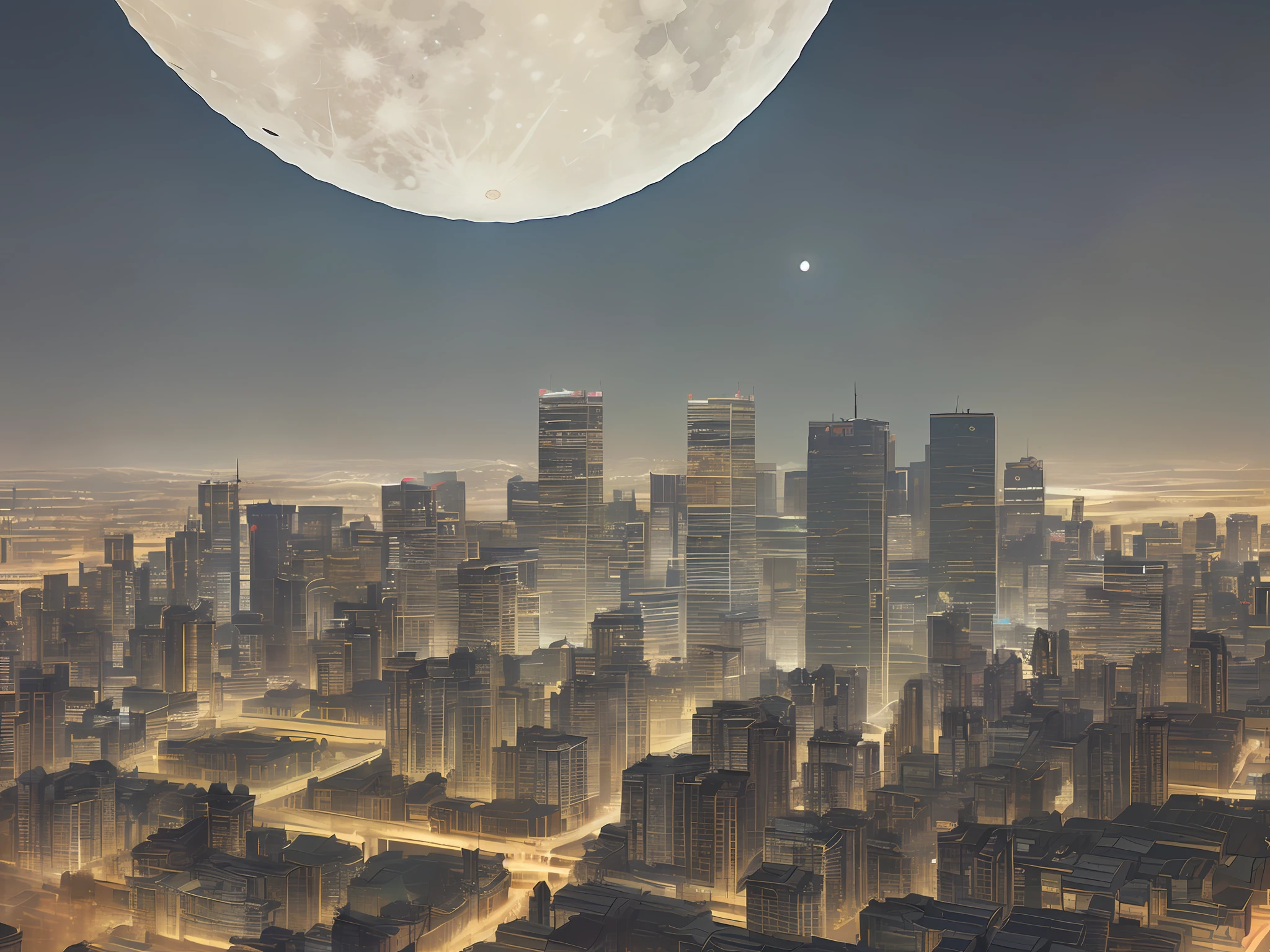 arafed view of a city with a full moon in the sky, the moon is big an in the city, city on the moon, city street on the moon, giant moon, big moon, giant super moon, city, large moon, full big moon, big white moon background, large glowing moon, beeple and jean giraud, large detailed moon