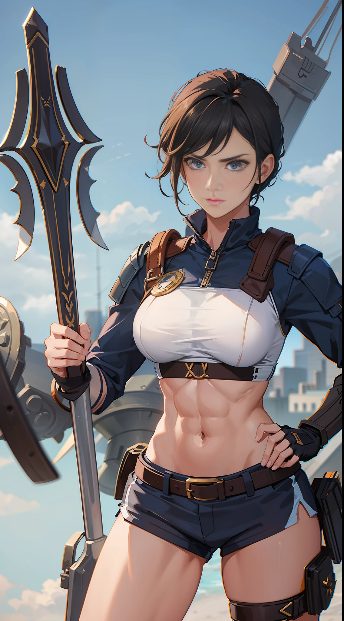 "A woman stands tall,as a Spartan, holding modern Shield and stick, wearing a short uniform, shorts, athletic body, perfect physique, chest size: 1.4, a sharp gaze, serious expression,"