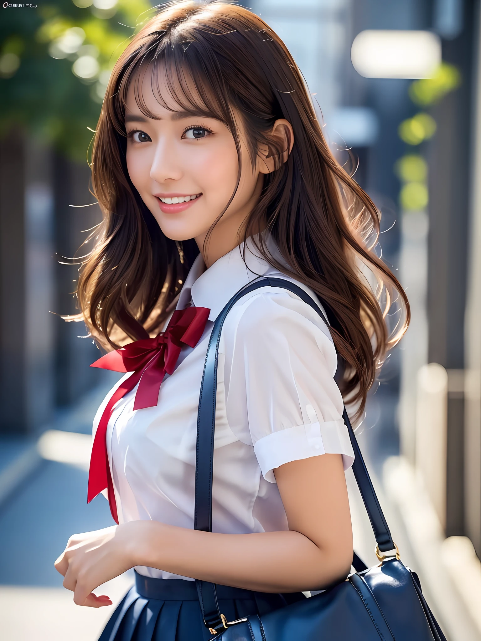 masterpiece, close up shot of a face, directly front view, 1 woman per 1 photo, a Japanese young pretty woman, walking on a school corridor with carrying a satchel on her shoulder with big smile, glamorous figure, wearing a short sleeves silky white collared shirt with shiny satin red plain bow tie, hyper pretty face, glossy lips, double eyelids in both eyes, natural makeup, long eyelashes, shiny smooth light brown hair of medium length, asymmetrical bangs, tanned skin, wearing a dark blue pleated skirt, head in the frame, central image, 8K resolution, high detail, detailed hairstyle, Detailed Face, spectacular cinematic lighting, octane rendering, vibrant, hyper realistic, perfect limbs, perfect anatomy