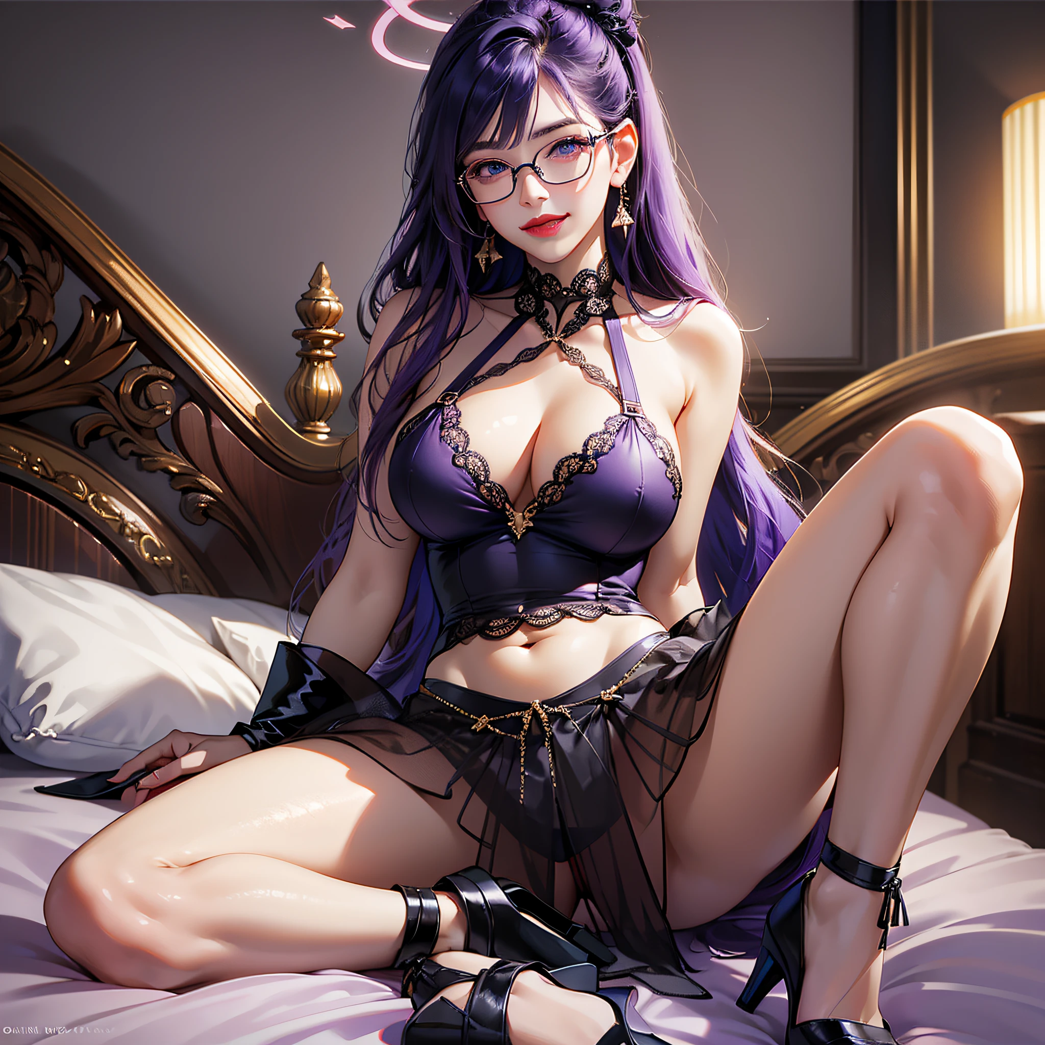 High quality, high resolution, master, very detailed, 8K, big breasts (very large), human wife, an extremely delicate woman, bare arms, bare belly button, bare thighs, big blue eyes, long purple hair, double eyelids, black ribbon, high heels, anthropomorphic, anime face, clothes see-through, spread legs, sitting on bed, seduction, charming smile, halo, rimless glasses, full body, light blush, red lips, with earrings, heavy makeup, super sexy body, hands on your chest --auto --s2
