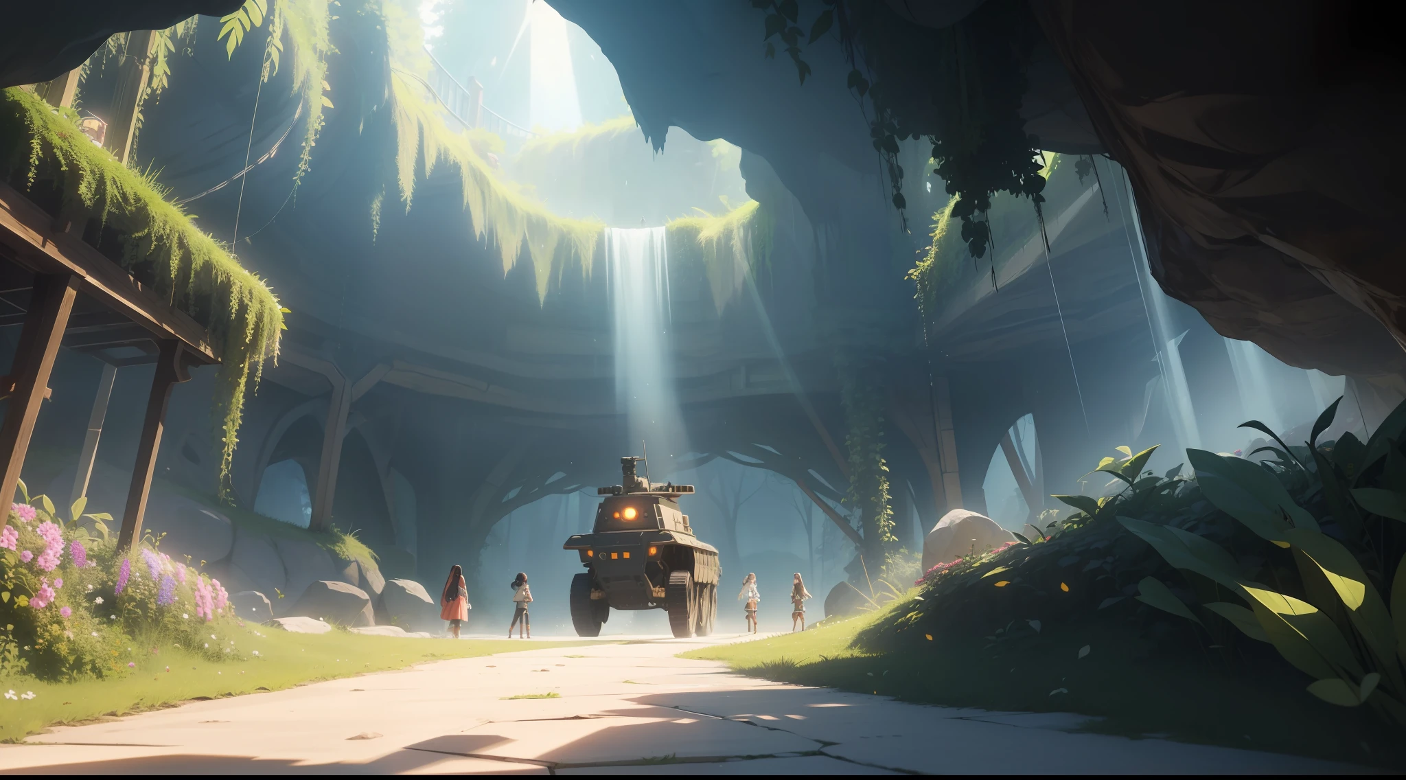 UHD, retina, masterpiece, ccurate, anatomically correct, textured skin, super detail, high details, high quality, award winning, best quality, highres, 8k,huge dark underground cavern, The bright rays of the sun shine through the large holes in the ceiling to illuminate the floor of the cave, there are many plants on the floor when the sunlight shines, beautiful flowers bloom, the grass and undergrowth like a green carpet create a beautiful scene, there is a table and chairs in the middle, a life-size doll of a girl in a beautiful snow-white dress sits on a chair, On the table are decorated with ikebana, ((underground cave)), dark cave, girl dolls, dolls, dazzling lights, summer sunshine, streaks of light, birds, butterflies, sunlight filtering through trees, entangled in grass, covered with vines and leaves, flowers blooming, stairs of light, round tables, (in the darkness at the back of the cave, a huge 20-meter-long combat robot opens the chest armor, and in the fuselage there is a cockpit), complex machinery, Biomechanics, (Robot), (Tank), Girl Puppet Sees Viewer, ((Seated)),Cockpit, Cockpit, (Kneeling Combat Giant Robot)