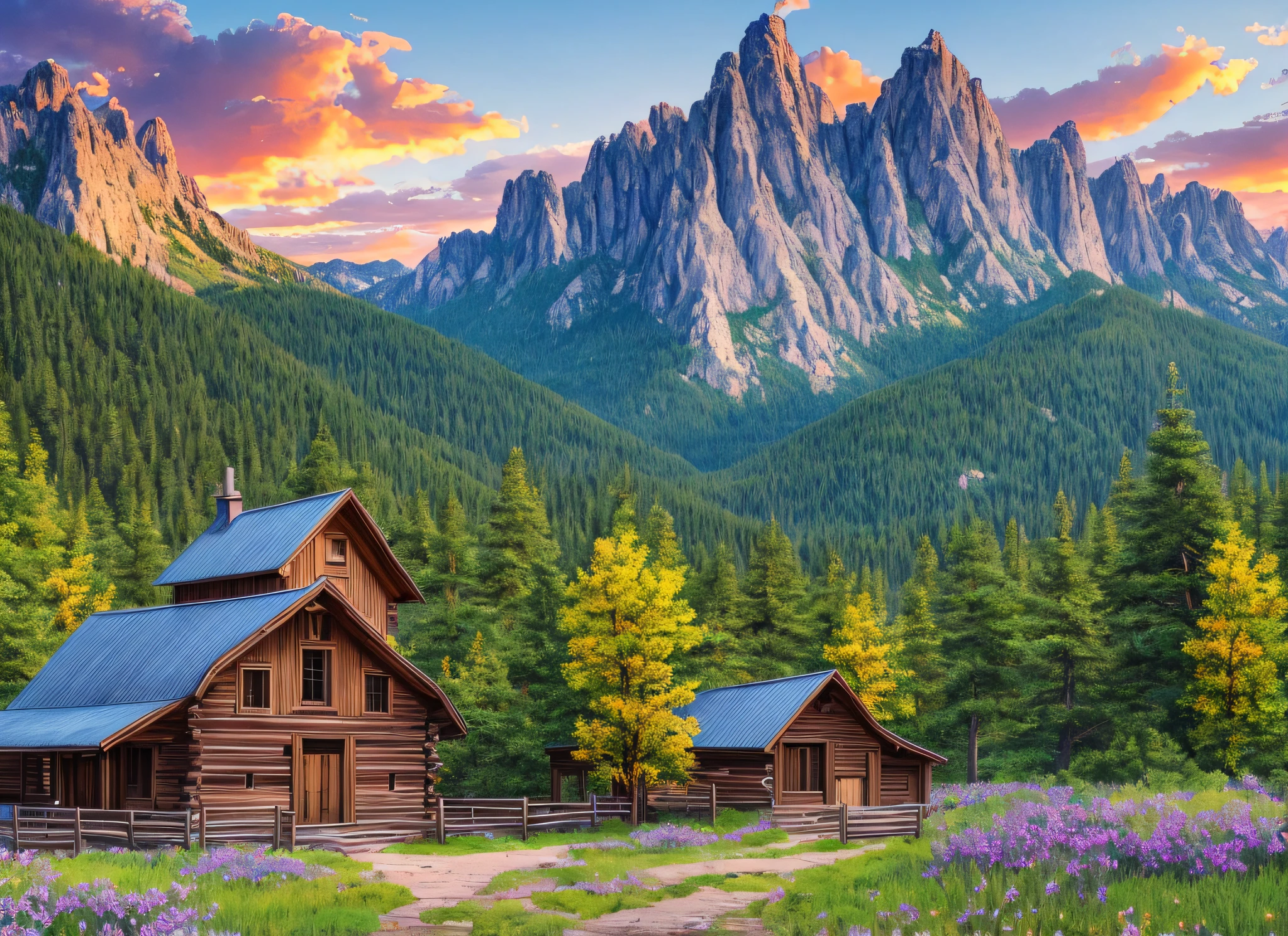 Masterpiece, best quality, high quality, extremely detailed CG unity 8k wallpaper, enchanting dream scene of dream forest, towering trees, glowing mushrooms and hidden fairy canyon, creating a mysterious and enchanting feeling, artstation, digital illustration, complex, trending, pastel colors, oil painting, award winning photography, bokeh, depth of field, HDR, bloom, chromatic aberration, realism, very detailed, artstation trend, CGsociety trend, complex, high detail, Dramatic, Midjourney Art, (8k:1.27), best quality, masterpiece, super high resolution: 1.2, mountains in background, barn and fence in foreground, western American landscape, Wyoming, scenic mountain setting, stunning landscape, mountain setting, cabins under the Alps, stunning landscape, stunning scenery, breathtaking scenery, Wild West environment, stunning landscape images, beautiful scenery, beautiful place, wooden house in the distance in a scenic background --auto --s2