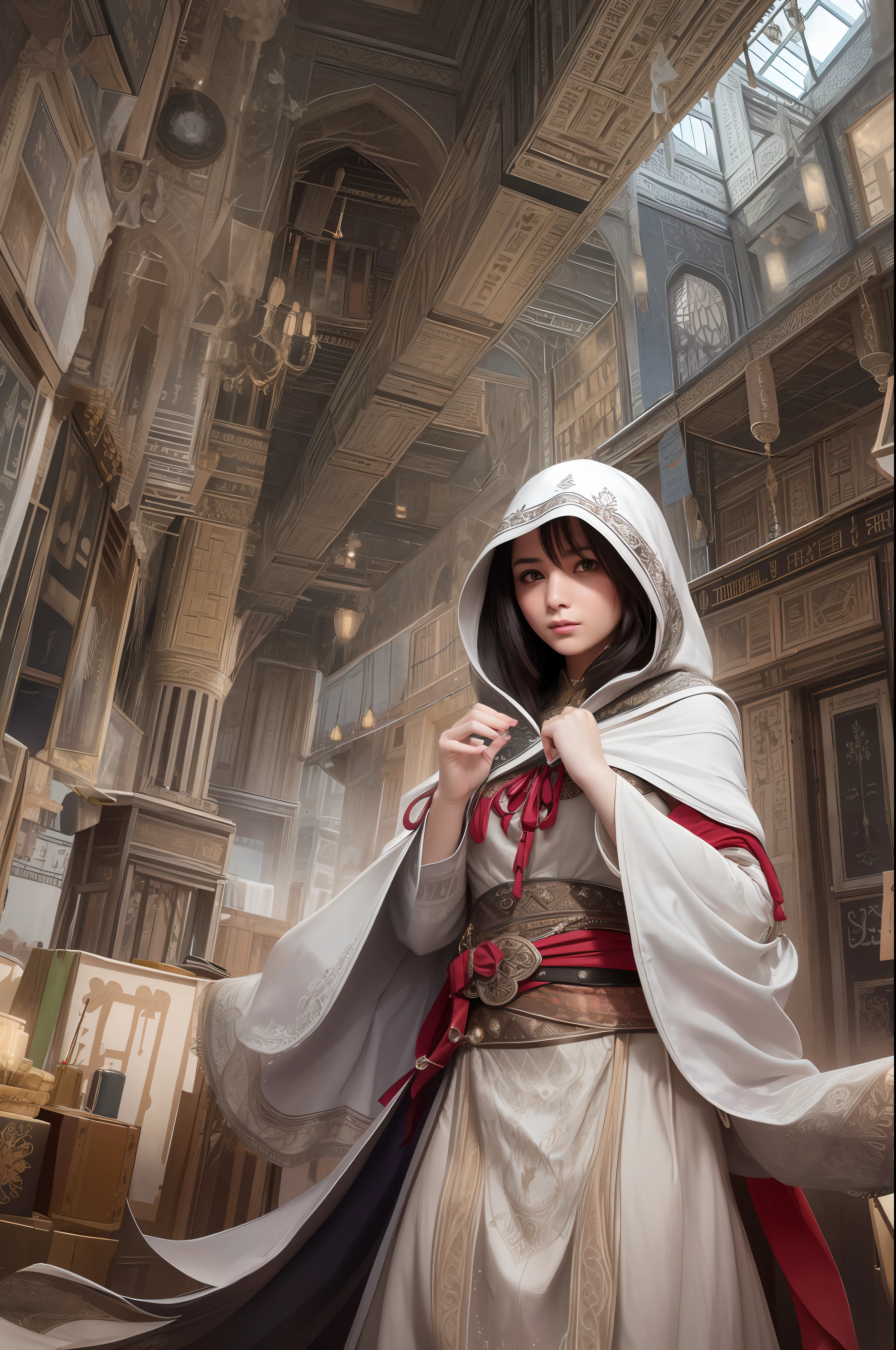 Create a stunning Assassin’s Creed Concept Art piece in the style of ultra-realistic, ultra-detailed visuals. Depict a young and graceful girl wearing traditional Persian clothing, complete with a hood, as she navigates through the vibrant bazaar of a bustling Persian town. Capture the intricate details of the architecture, the rich textures of the fabrics, and the vivid colors of the market stalls, transporting viewers to a vivid and immersive world
