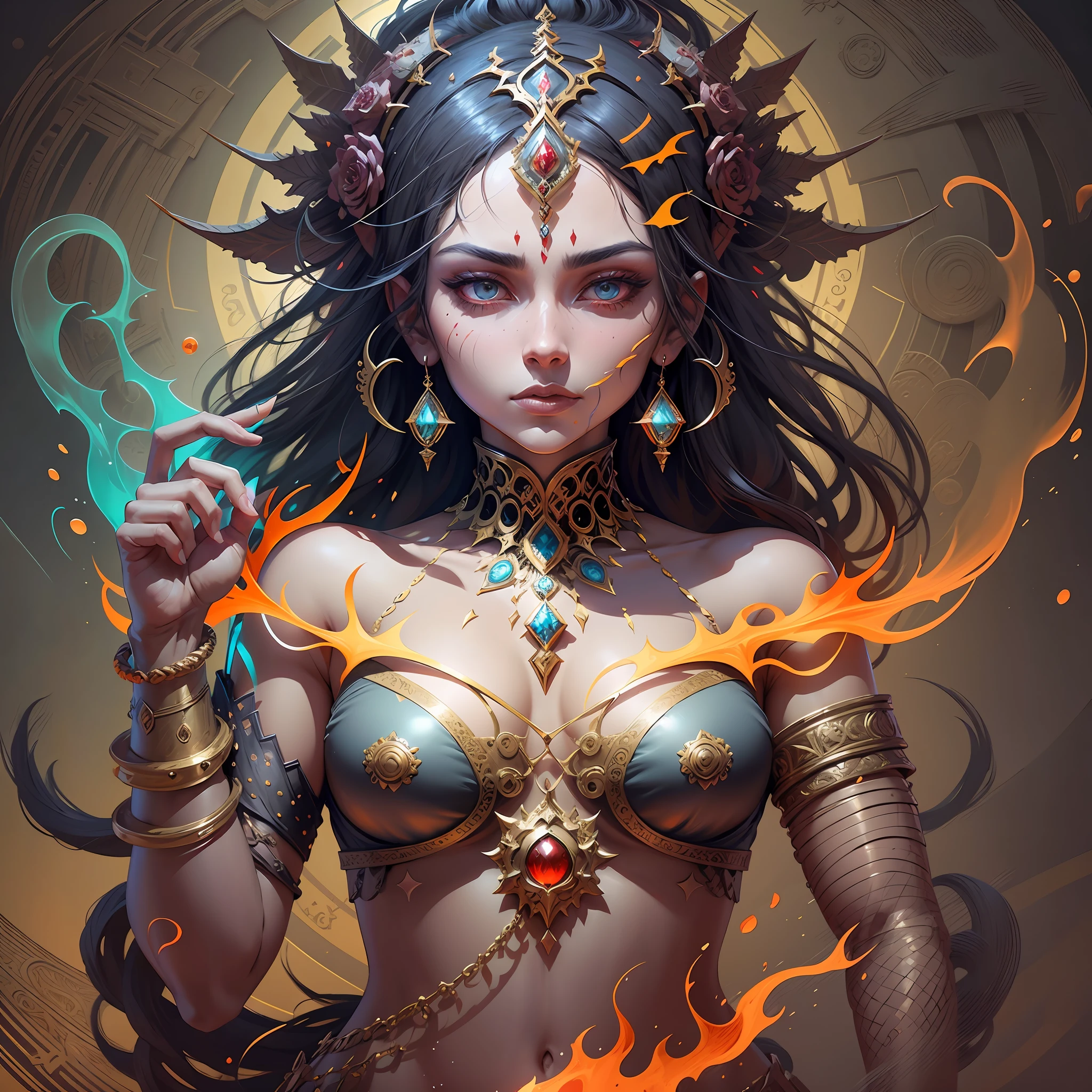 Illustrated drawing Hindu goddess of war, sensuality,3d sculpture,artistic details,Bendenick Bana style,hindu mythology,epic fantasy art, centered,in the style of fantastical fantasy compositions, concept art, rainbow prism, dark compositions, symmetrical arrangements, iridescent lights, distinctive noses, ethereal blue,blood splatter , eye-catching bright neon compositions, islamic geometry, illuminations,distinctive noses, gothic references, with a brightly colorful flame splashing, with red and black background, fantasy art, a detailed painting, Alena Aenami --auto --s2