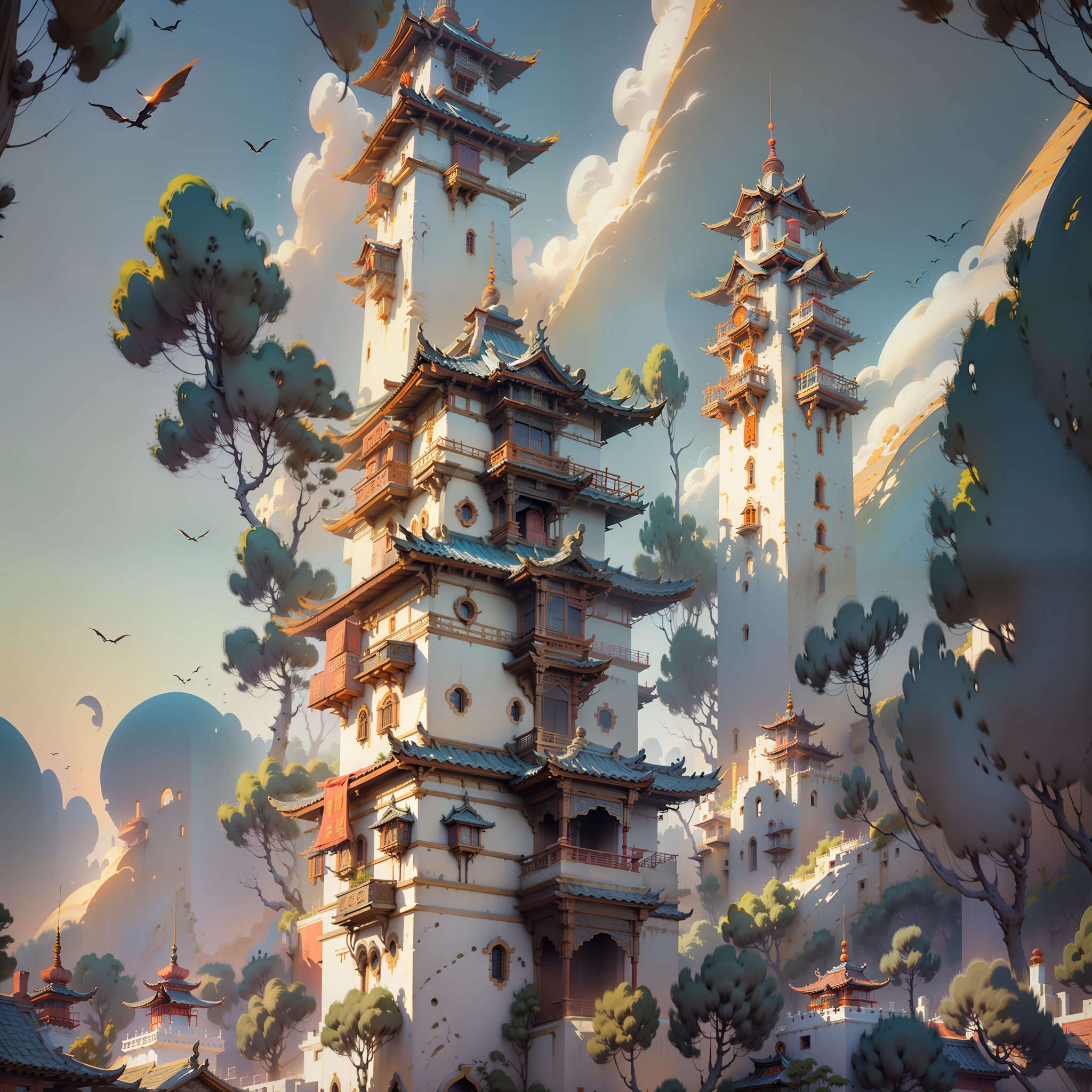 Arafede Tower, sunset, floating structure, traditional Chinese tower structure, Chinese story folklore, sunset, sun on top, golden dazzle, mysterious light, lightsaber, light effect, backlit beauty, evening atmosphere, golden hour, charming sunrise, perfect Asian architecture, excellent architectural features, elegant and beautiful.