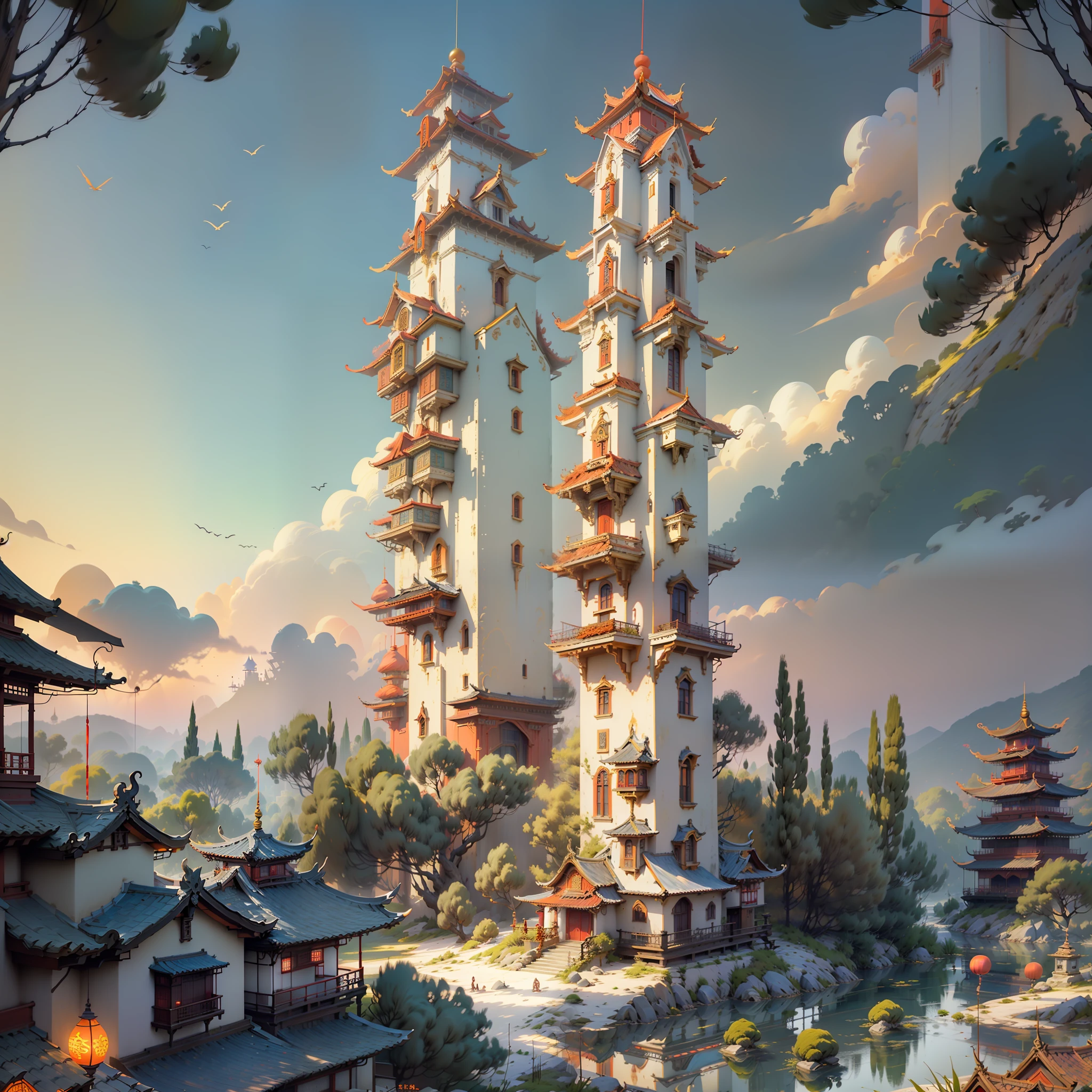 Arafede Tower, sunset, floating structure, traditional Chinese tower structure, Chinese story folklore, sunset, sun on top, golden dazzle, mysterious light, lightsaber, light effect, backlit beauty, evening atmosphere, golden hour, charming sunrise, perfect Asian architecture, excellent architectural features, elegant and beautiful.