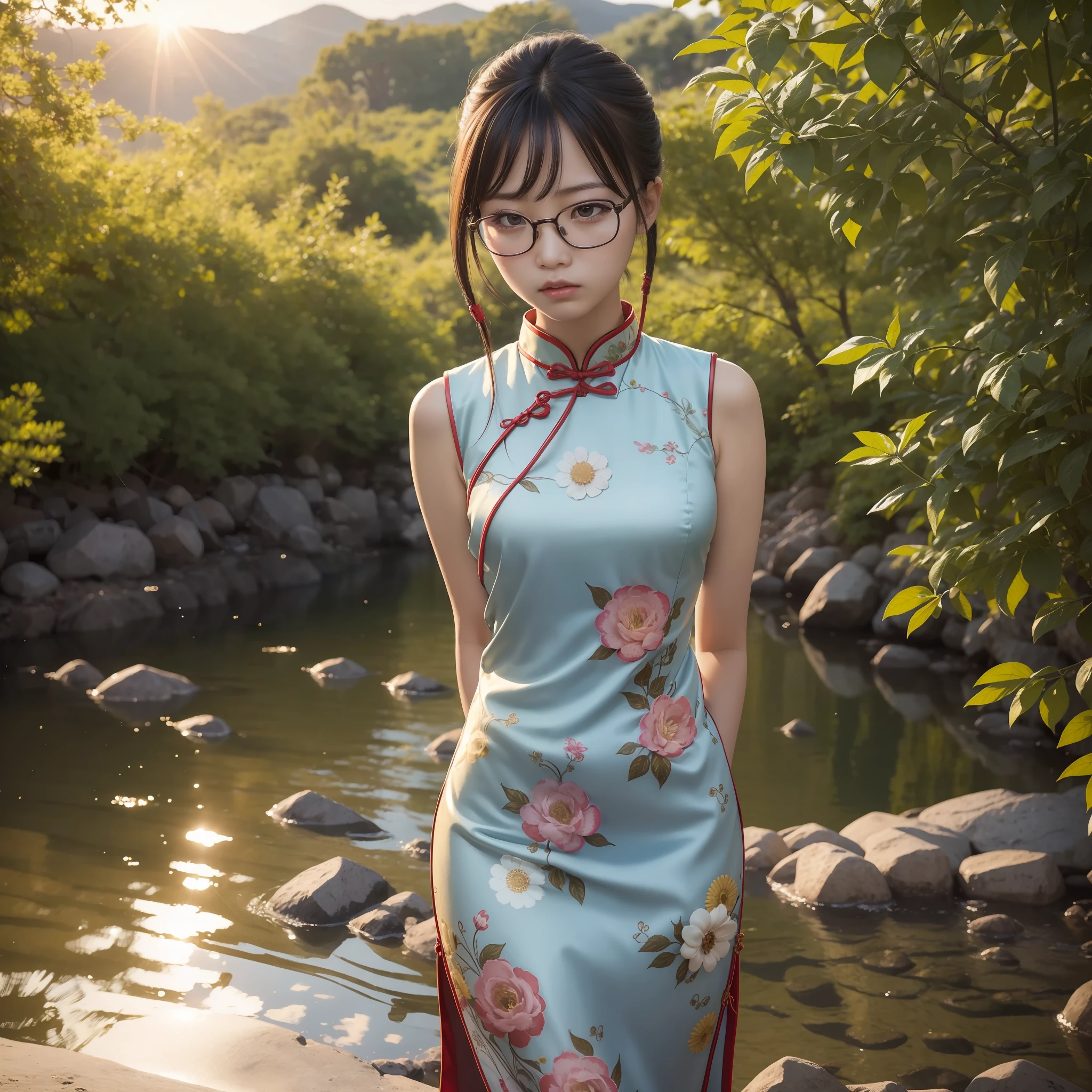 Cowboy Shot, (Masterpiece), (Best Quality:1.2), Small,Small,Glasses,Full Body,Anger, Sun Absurdity, Photography, Photorealistic,Very Detailed, Detailed Face, Solo 18.y.o Japan girls, sexy cheongsam, standing, riverside, arms behind back, sunlight, random hairstyle