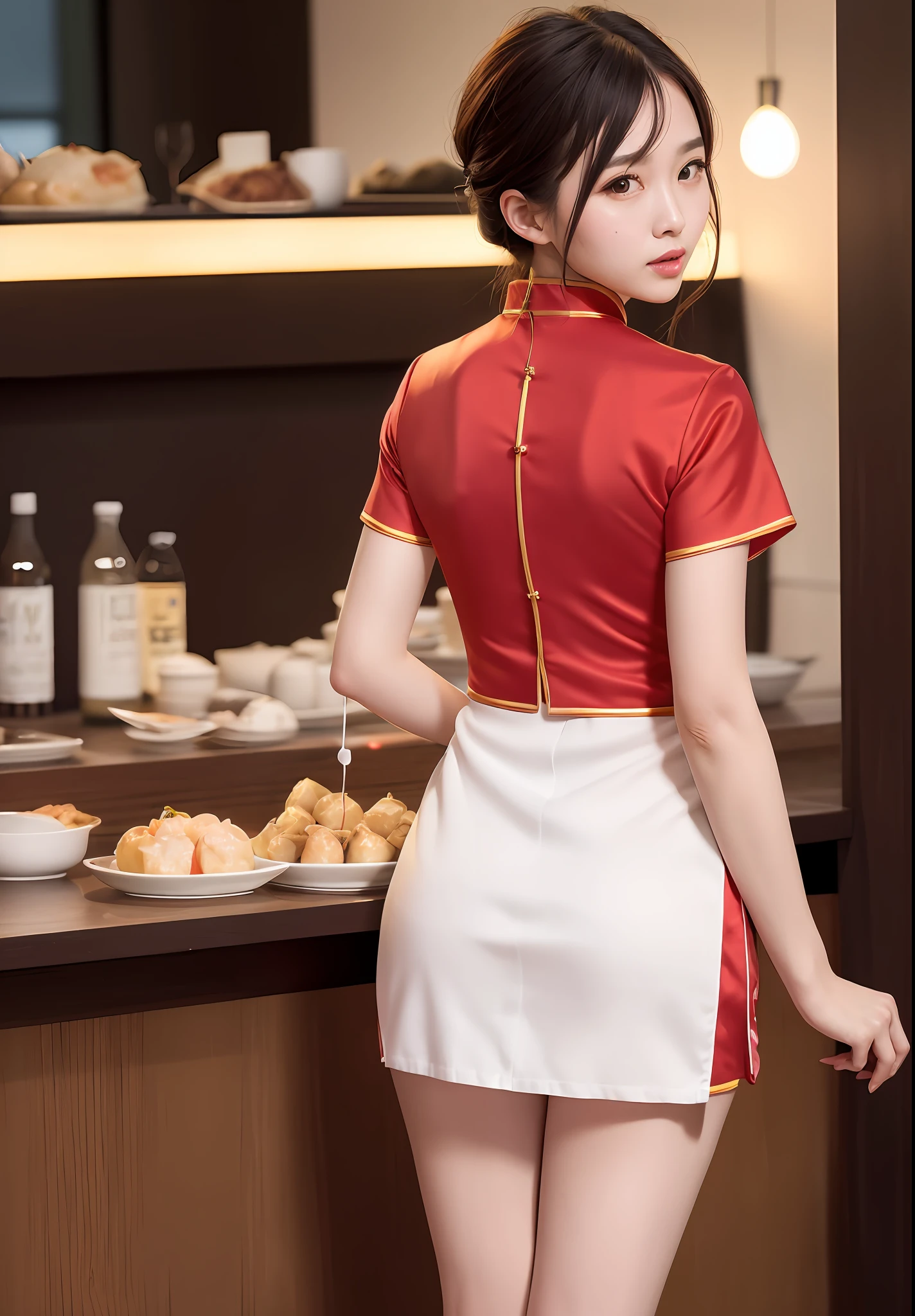 Top Quality, Masterpiece, Photorealistic, 8K, 4K, Ultra High Resolution, Dynamic Lighting, Real Lighting, ULZZANG-6500-V1. 1:1.2, waitress facing back, holding dim sum, cheongsam, panties, chinese restaurant background