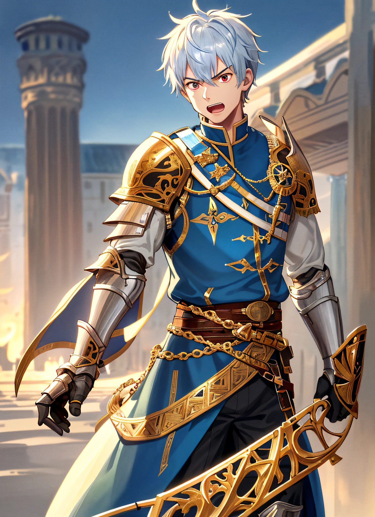 (ridiculous, high resolution, super detailed), (panorama), (1 male), middle-aged, tall, wearing light blue armor, knightly outfit, gold decoration, red eyes, evil charm, short white hair, Western-style town, square, crowd, (surprised), open mouth, side view,