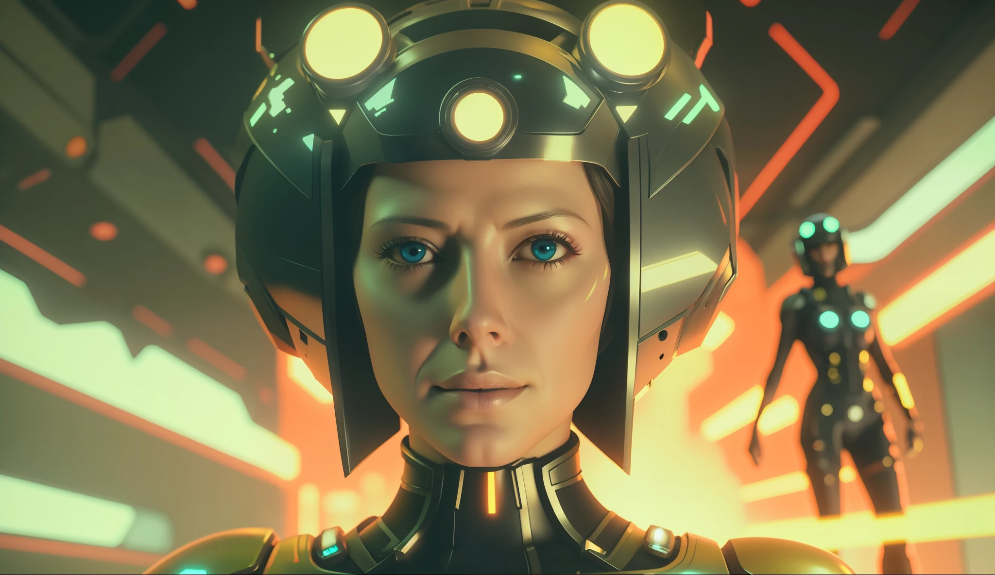 a close up (Amy Acker) of a person wearing a helmet, cyberpunk art by Kuno Veeber, zbrush central contest winner, retrofuturism, reimagined by industrial light and magic, sci-fi, unreal engine 5