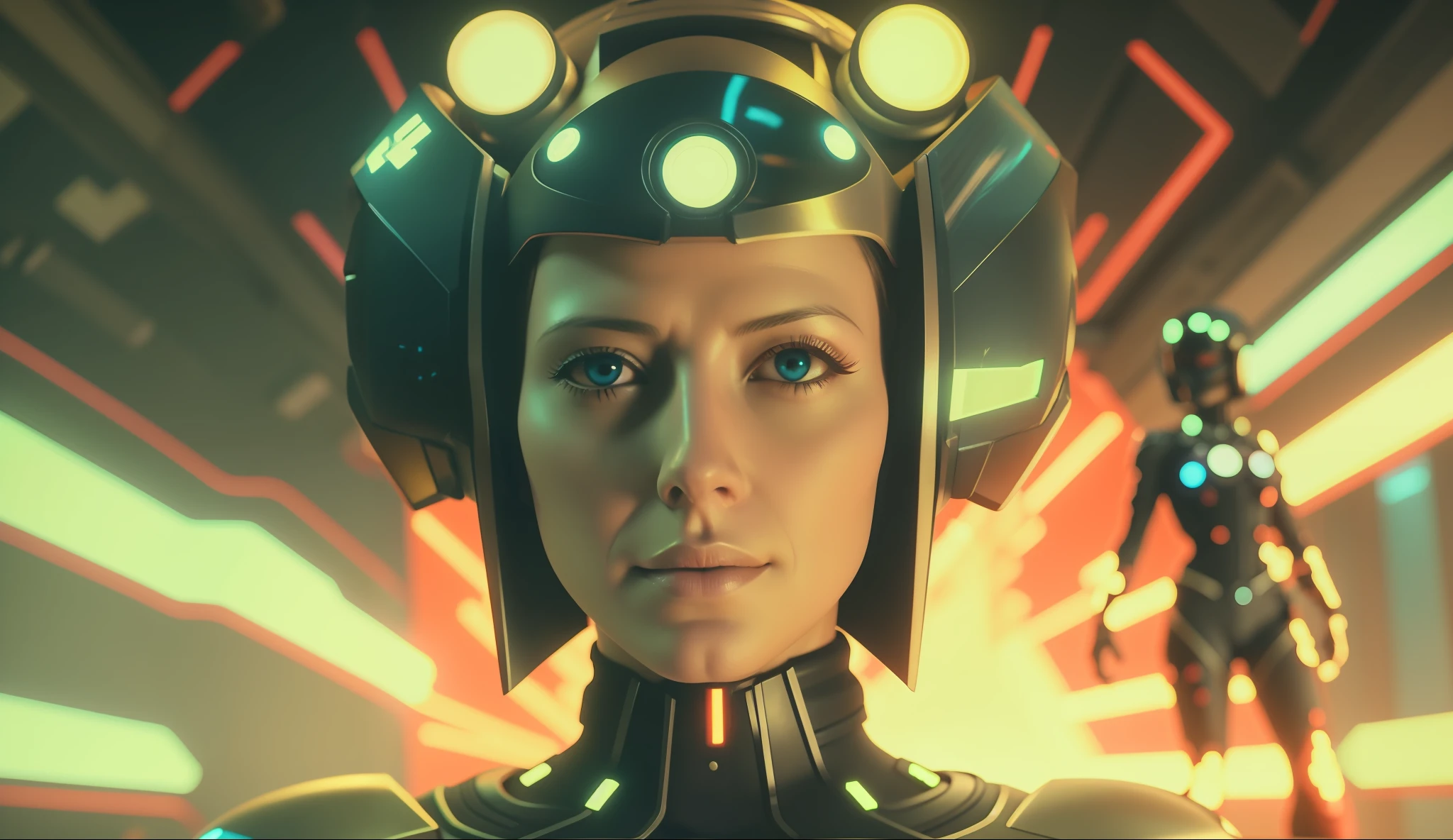 a close up (Amy Acker) of a person wearing a helmet, cyberpunk art by Kuno Veeber, zbrush central contest winner, retrofuturism, reimagined by industrial light and magic, sci-fi, unreal engine 5