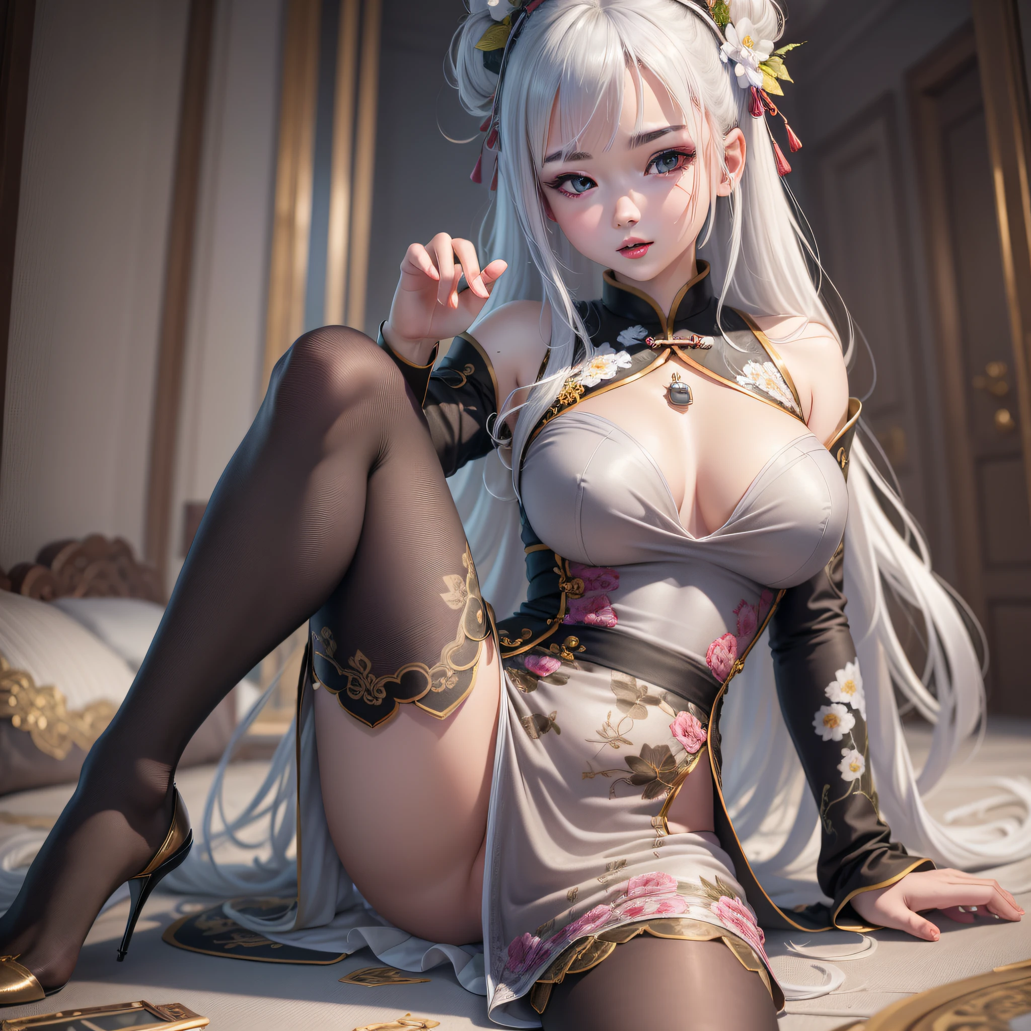 beautiful meticulous girl, very detailed eyes and face, beautiful detailed eyes, ridiculous, incredibly ridiculous, huge file size, super detailed, high resolution, very detailed, best quality, masterpiece, ((sexy split cheongsam)), illustration, very detailed, CG, unity, 8k wallpaper, amazing, fine details, masterpiece, best quality, very detailed CG uniform 8k wallpaper, face light, movie lighting, 1girl, , ((without panties)), (((dynamic pose)) ), (half), (pantyhose), long silver-white hair