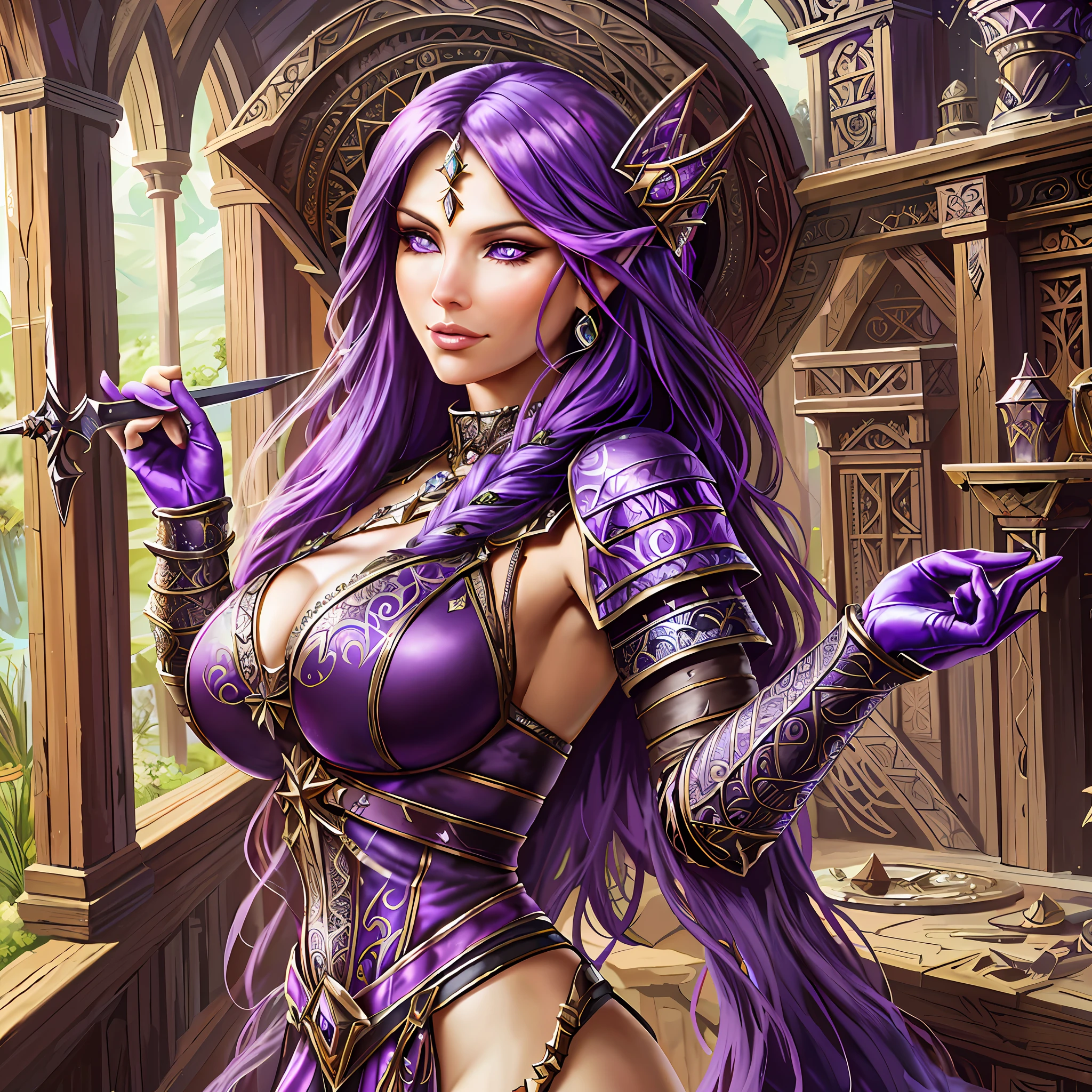 a close up of a woman in a purple outfit holding a sword, extremely detailed artgerm, alluring elf princess knight, epic fantasy art style hd, detailed fantasy art, epic fantasy art style, beautiful elf with violet skin, liliana vess, purple armor, artgerm detailed, epic fantasy style art, epic exquisite character art